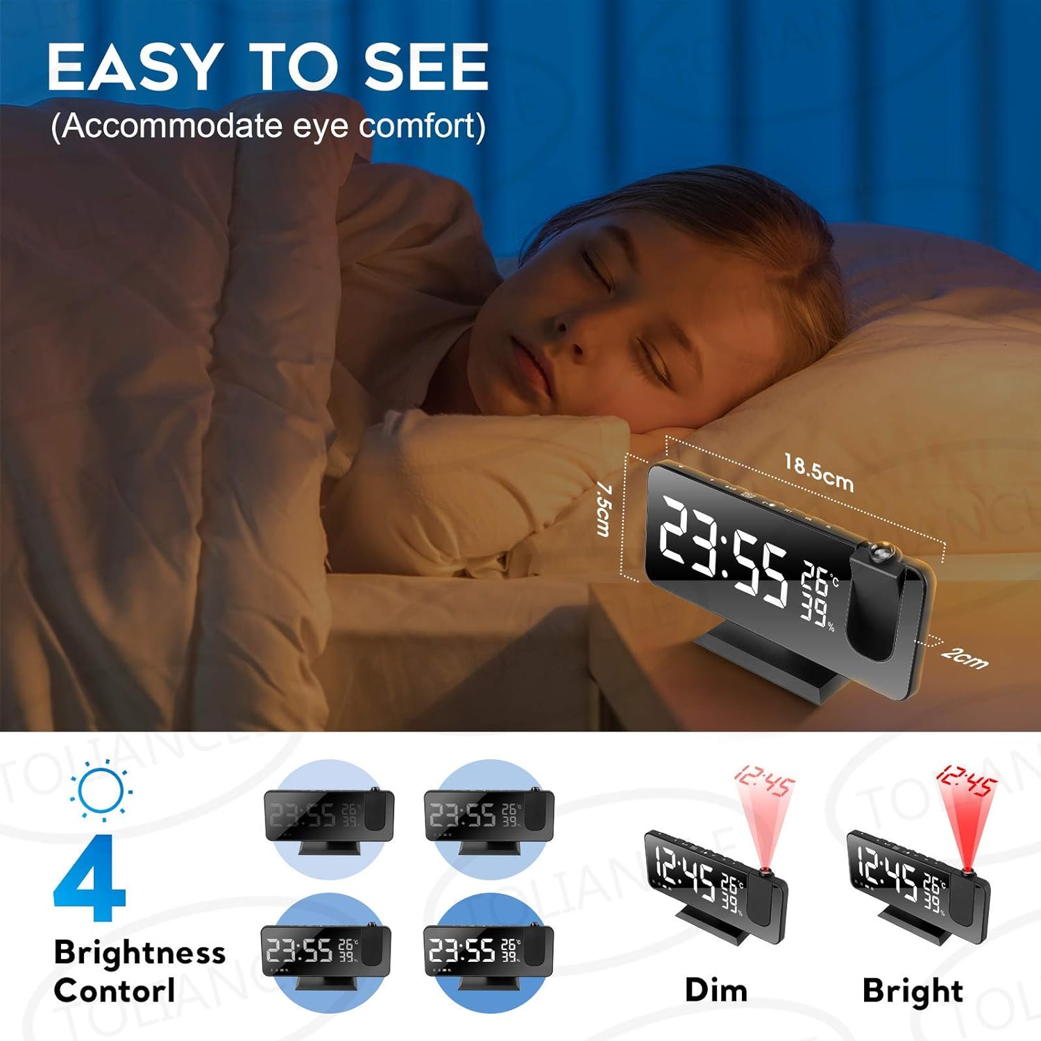 Eine junge Frau schläft, mit einer Digitaluhr, die Zeit und Temperatur auf einem Nachttisch anzeigt.