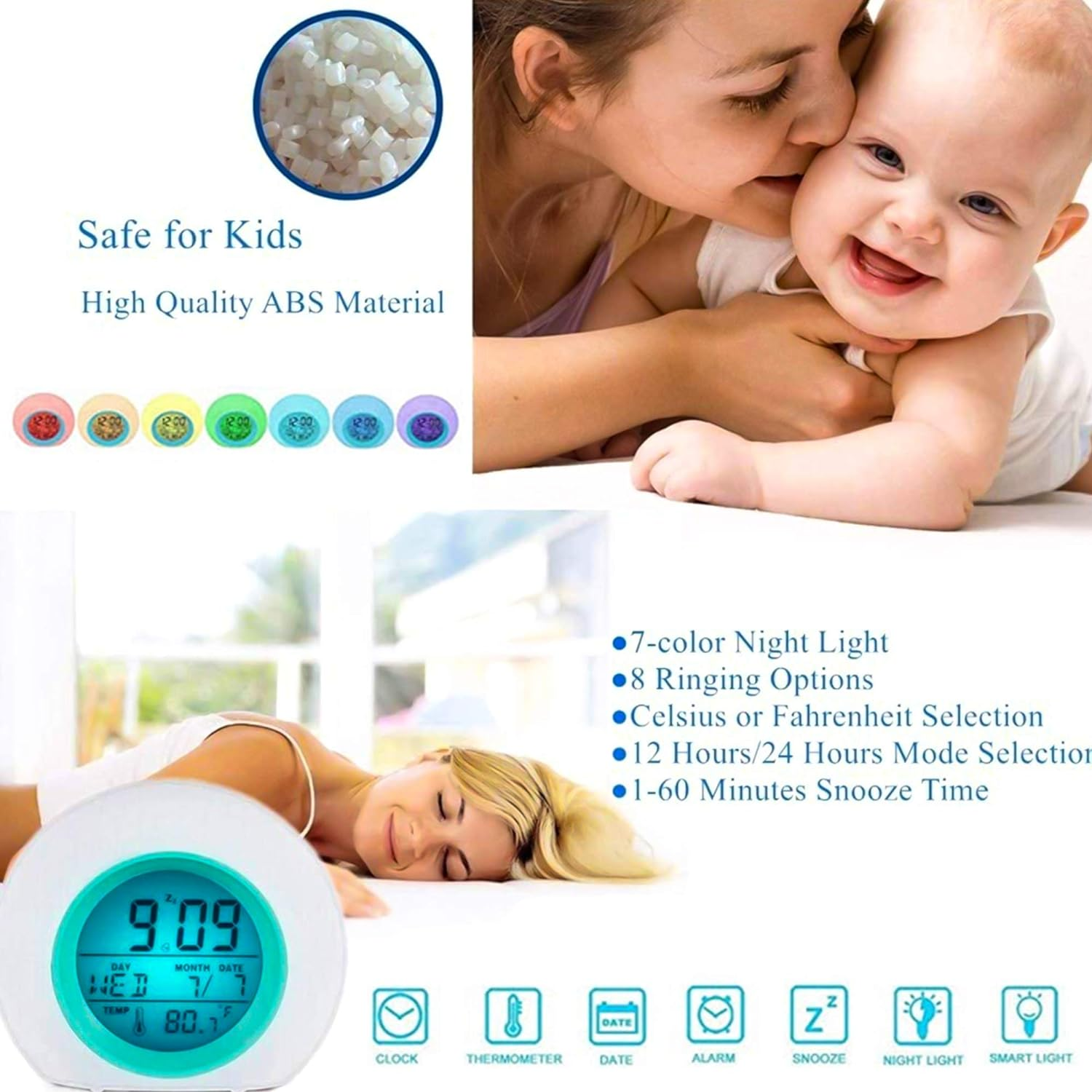 Ein kleiner weißer Ventilator mit Clip, zwei Kinder mit Kopfhörern.