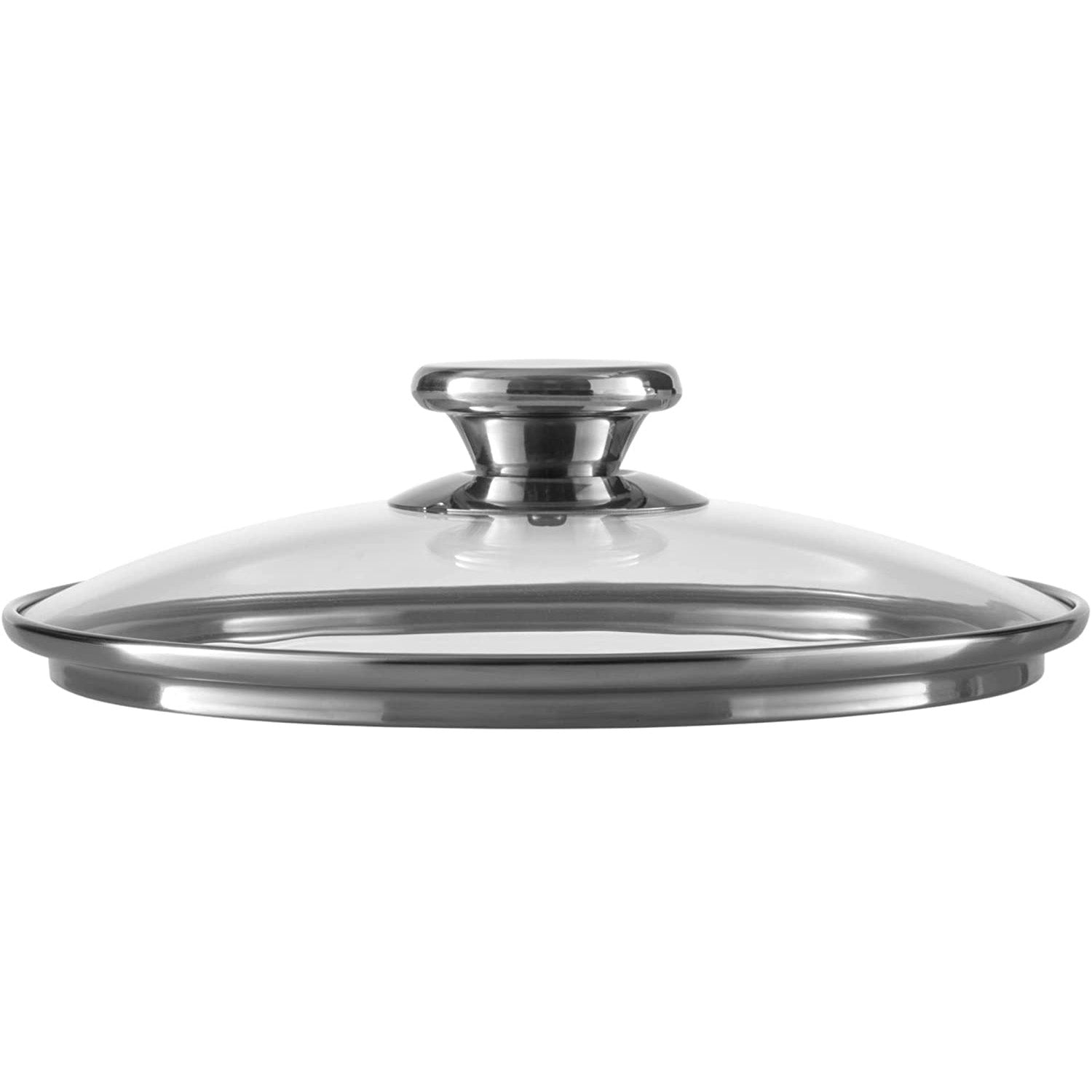 Ein klarer Glasdeckel mit silbernem Rand und Griff. Der Deckel ist rund und liegt auf Weiß.