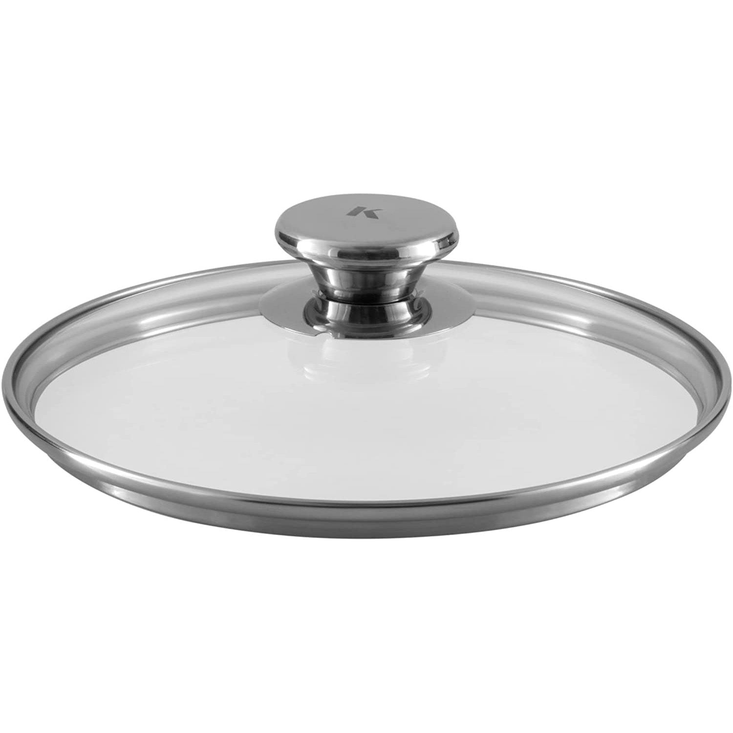 Klarer Glasdeckel mit silbernem Rand und Griff. Weißer Hintergrund.