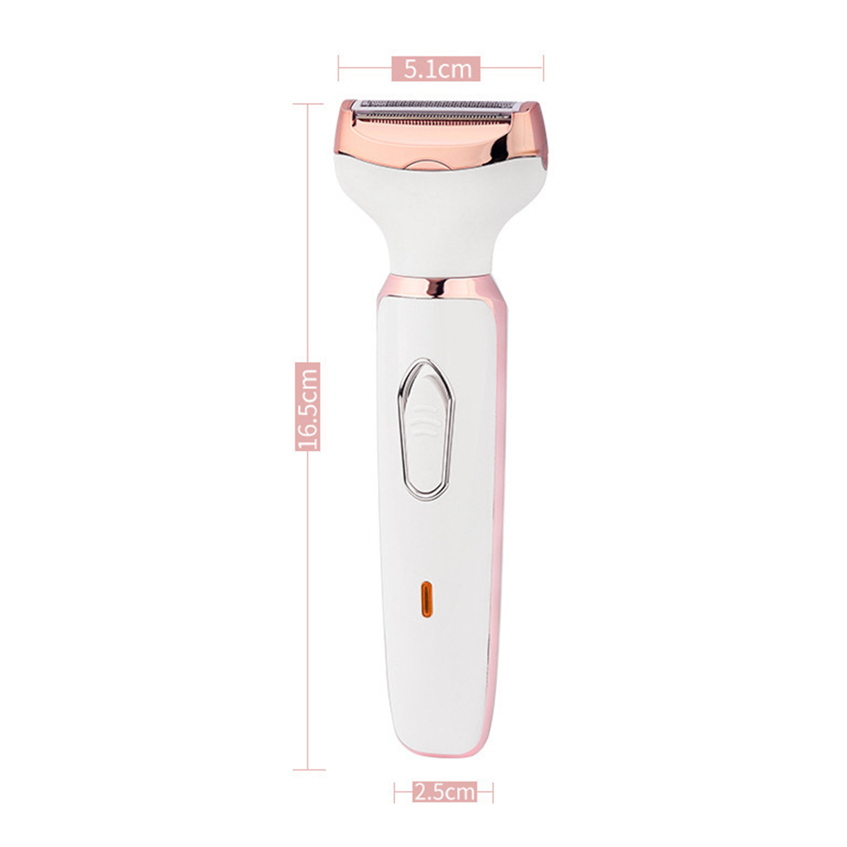 Ein weißer und rosa elektrischer Rasierer, Abmessungen beschriftet. Der Rasierer hat einen roségoldenen Kopf und einen rosa Streifen.