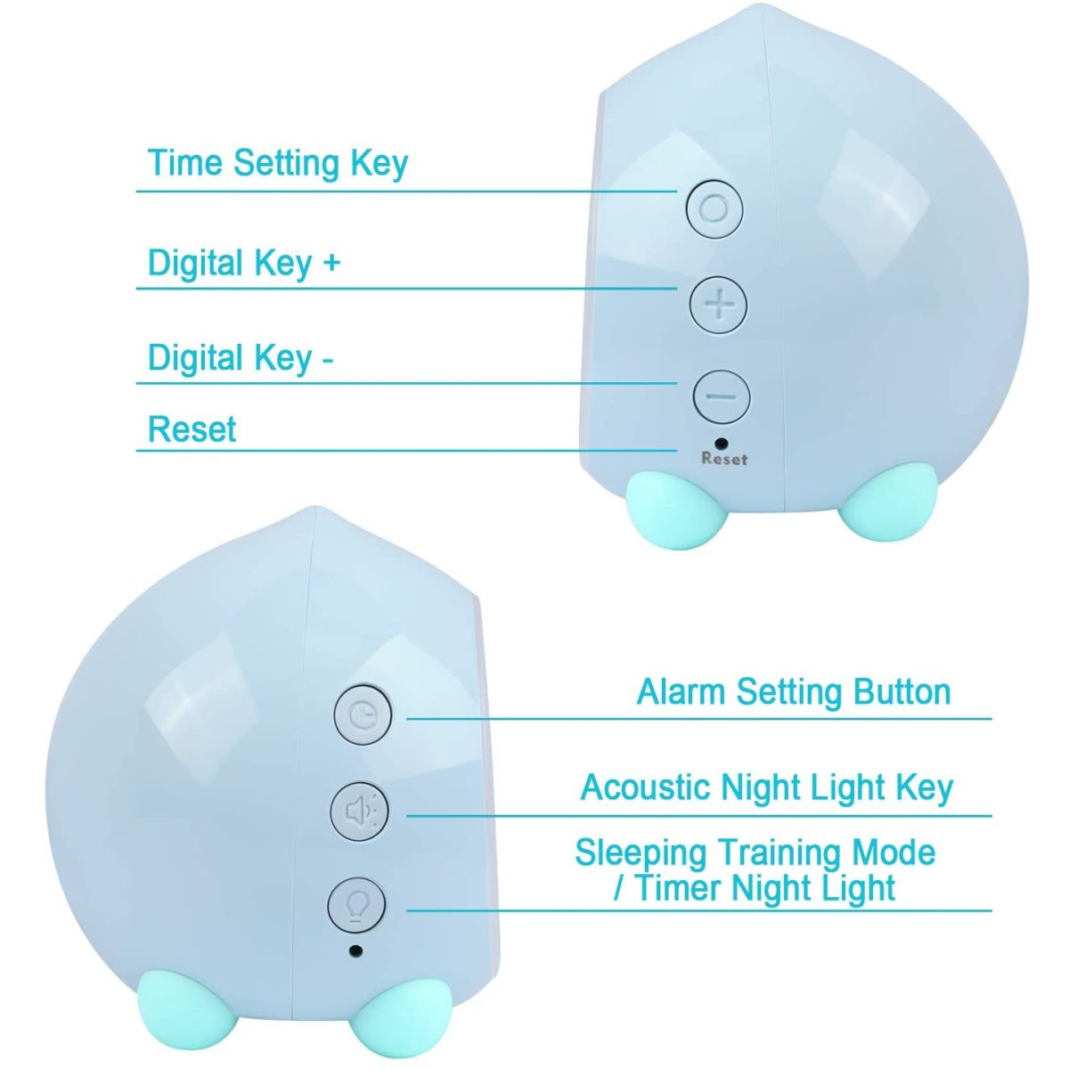 Ein blau-weißer Wecker mit Tasten für Zeit, digitale Tasten und einen Reset.