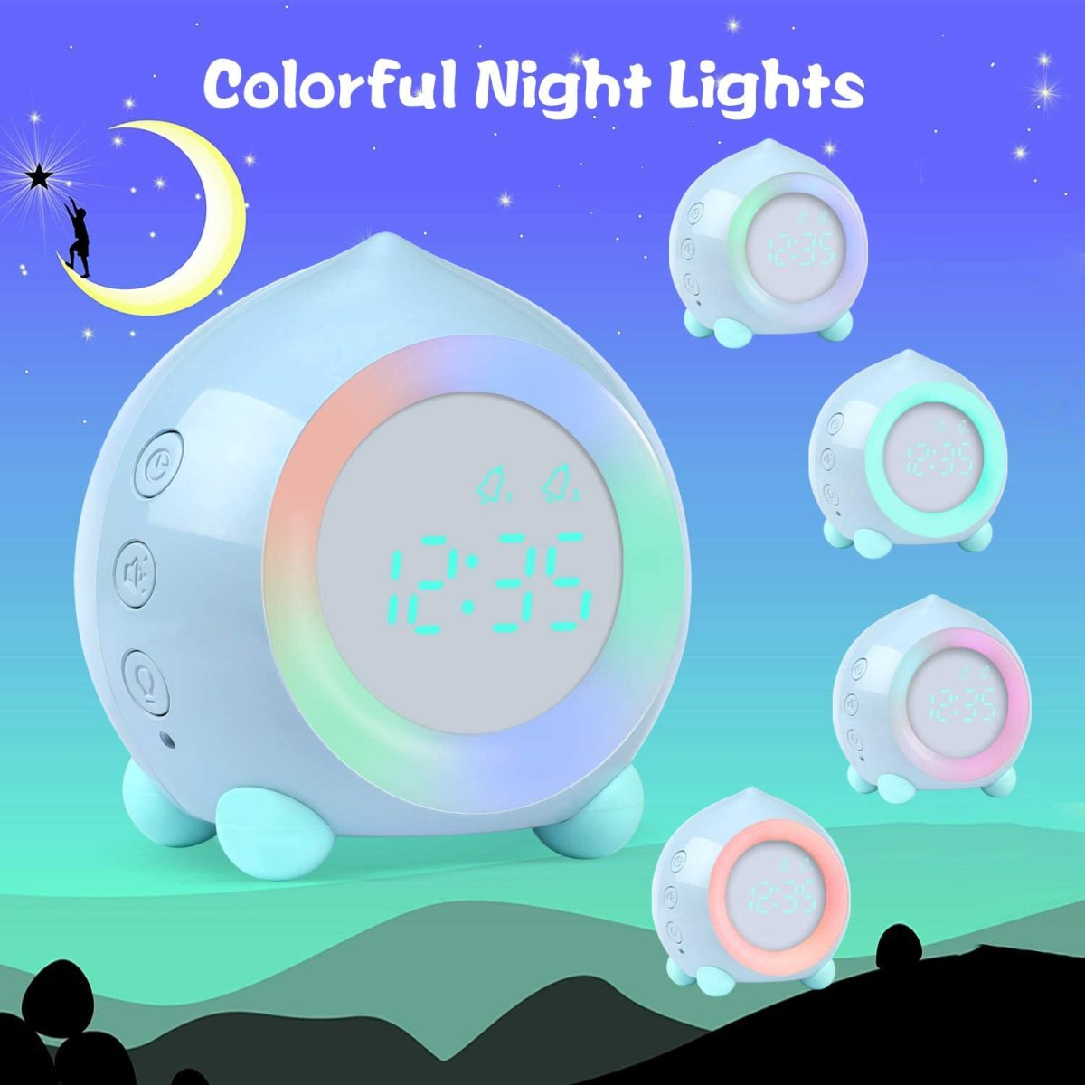 Nachtlicht mit Uhr. Weißes und blaues Design. Bunte Lichter vorne. Lila Hintergrund mit Sternen.