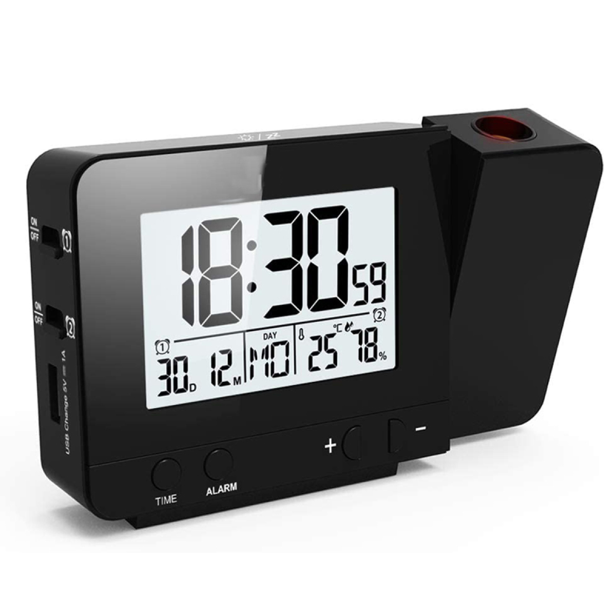 Eine schwarze Digitaluhr mit rotem Projektor, die Zeit und Datum anzeigt.