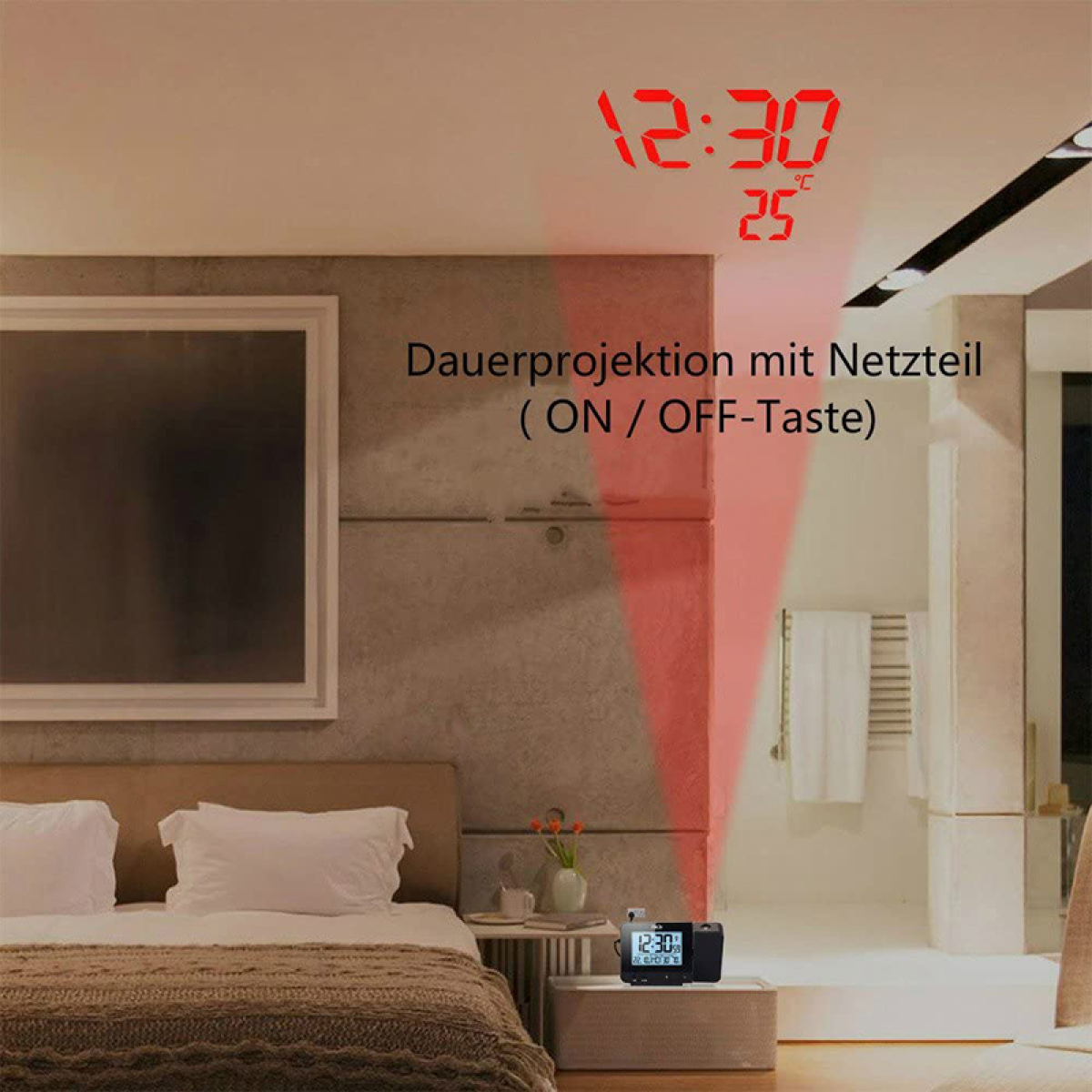 Rote Digitaluhr, die Zeit und Temperatur an eine Wand in einem Schlafzimmer projiziert.