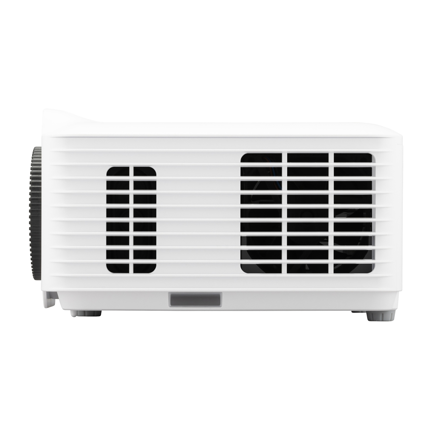 Biały projektor z otworami wentylacyjnymi i ciemną, okrągłą soczewką. Widok z boku, na białym tle.