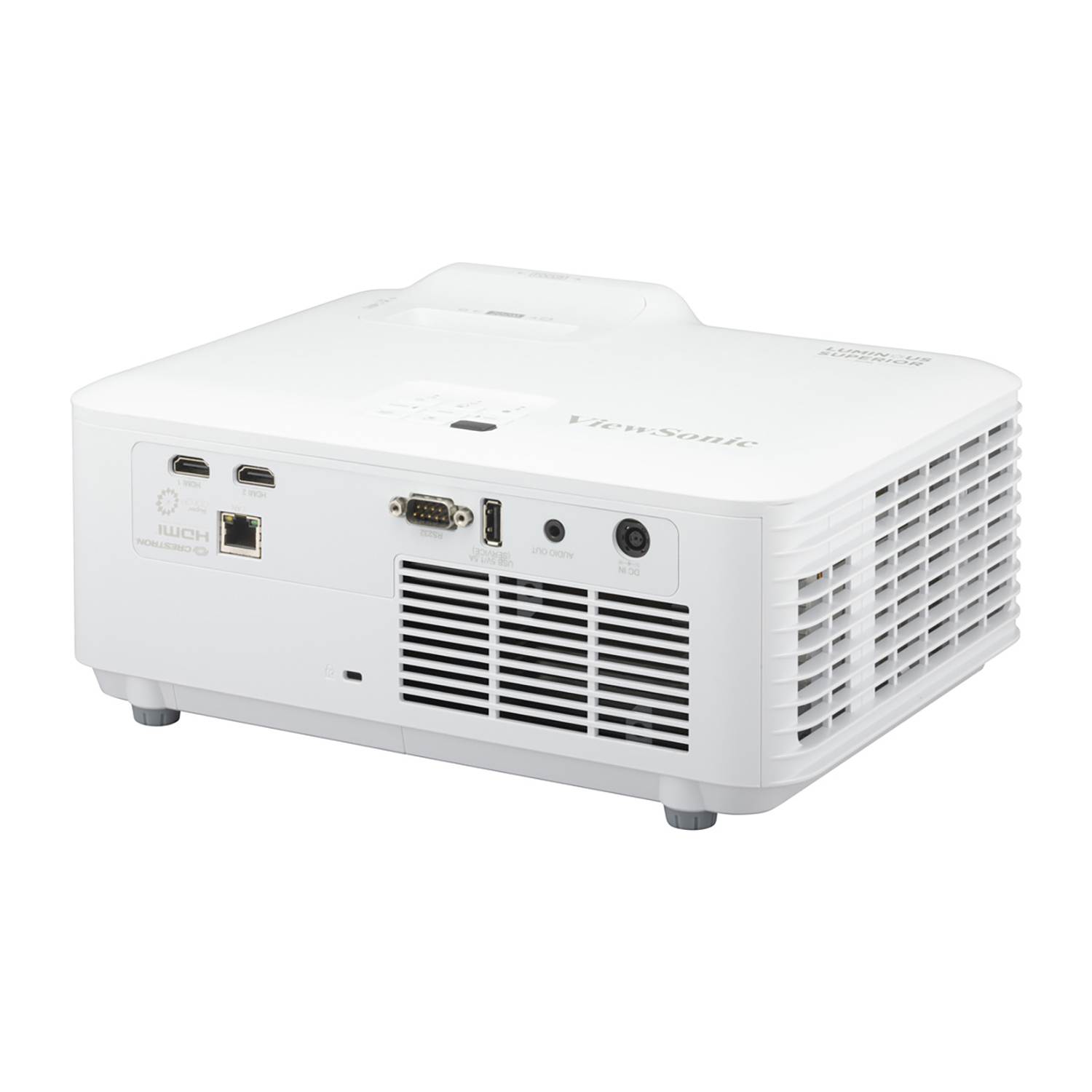 Biały projektor z wieloma portami i logo ViewSonic na białym tle.