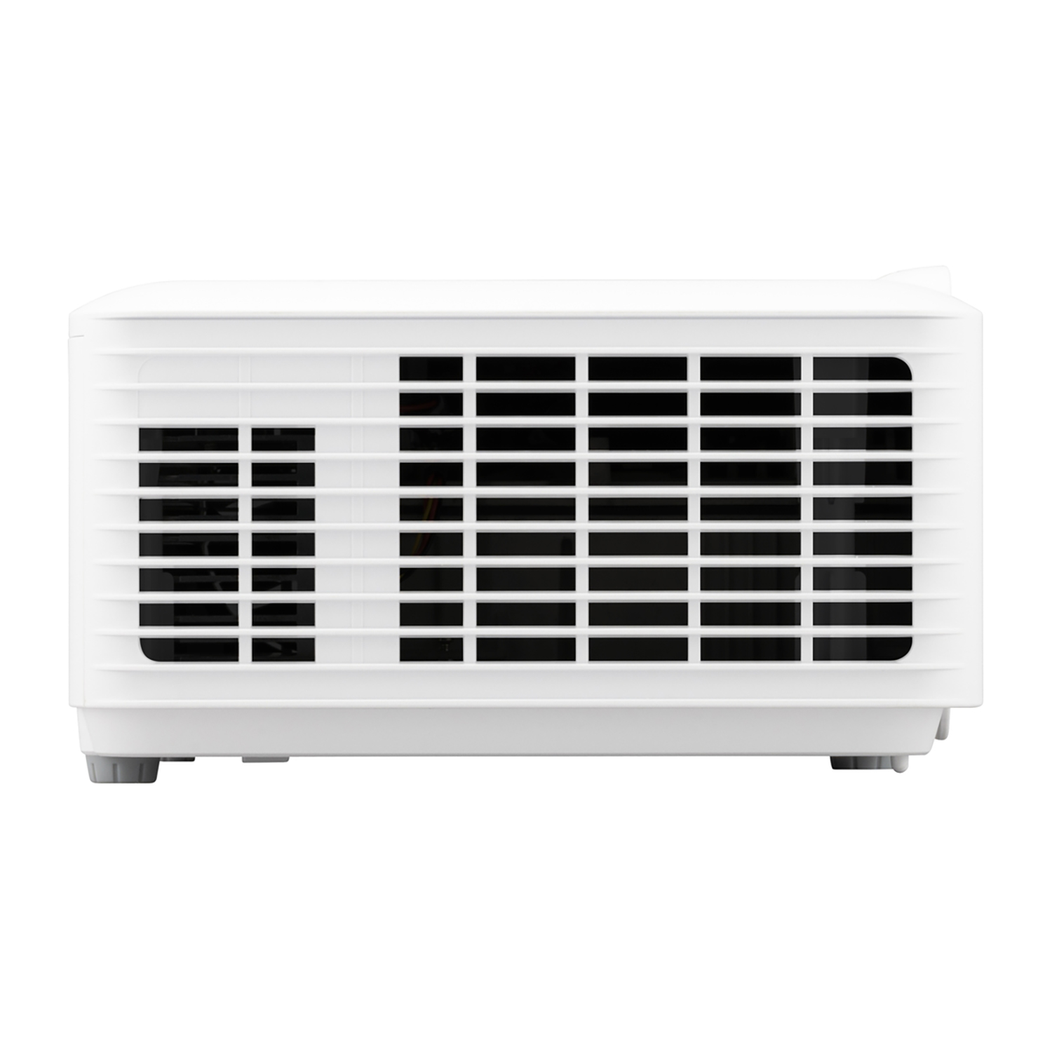 Biały projektor. Tył ma otwory wentylacyjne. Stoi na stole lub powierzchni.