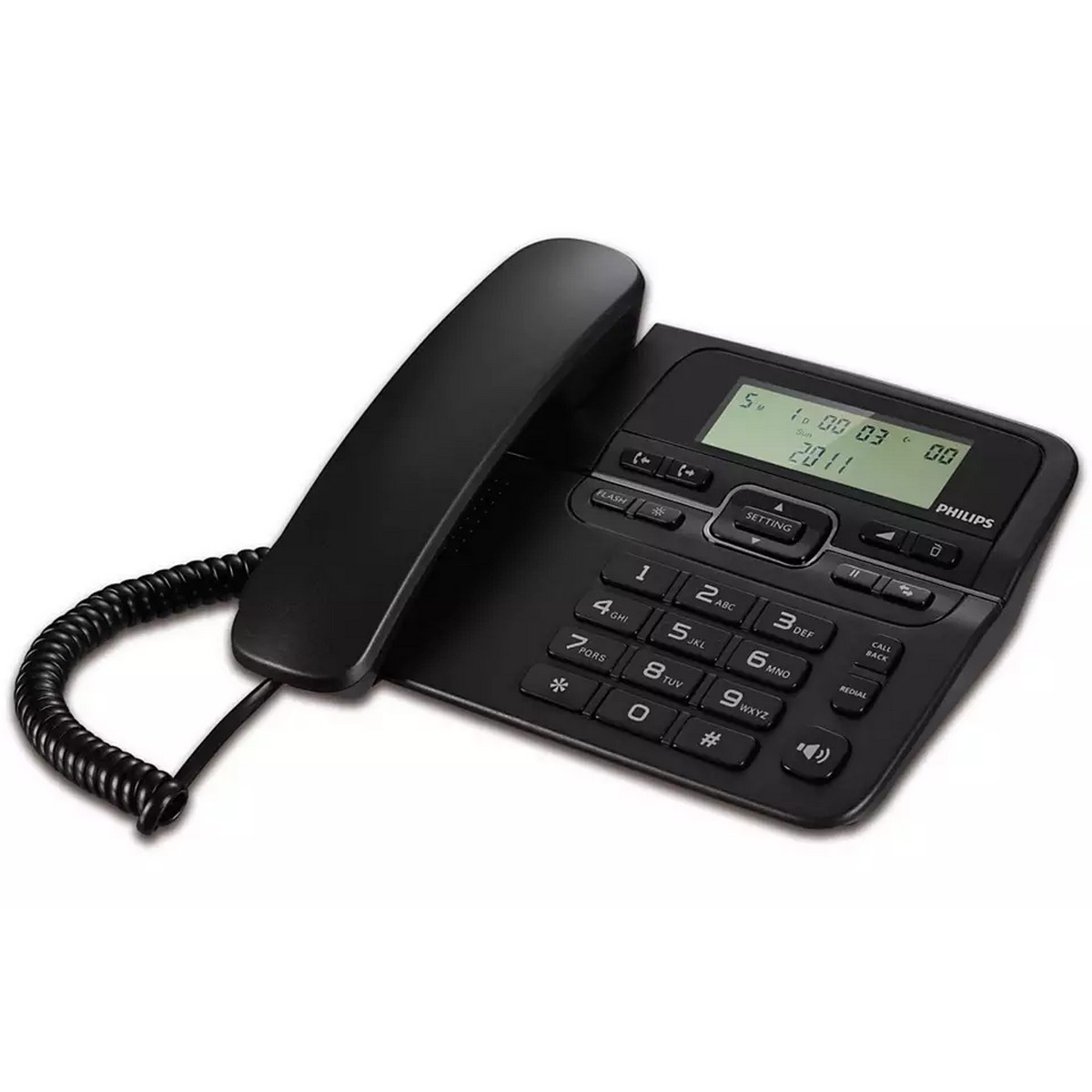 Teléfono de escritorio Philips negro. Receptor y base negros. Fondo blanco.