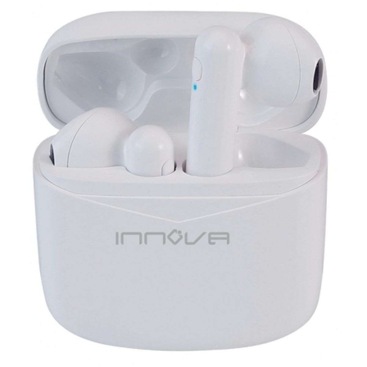 Auriculares inalámbricos blancos dentro de su estuche de carga, con el logotipo de Inova.