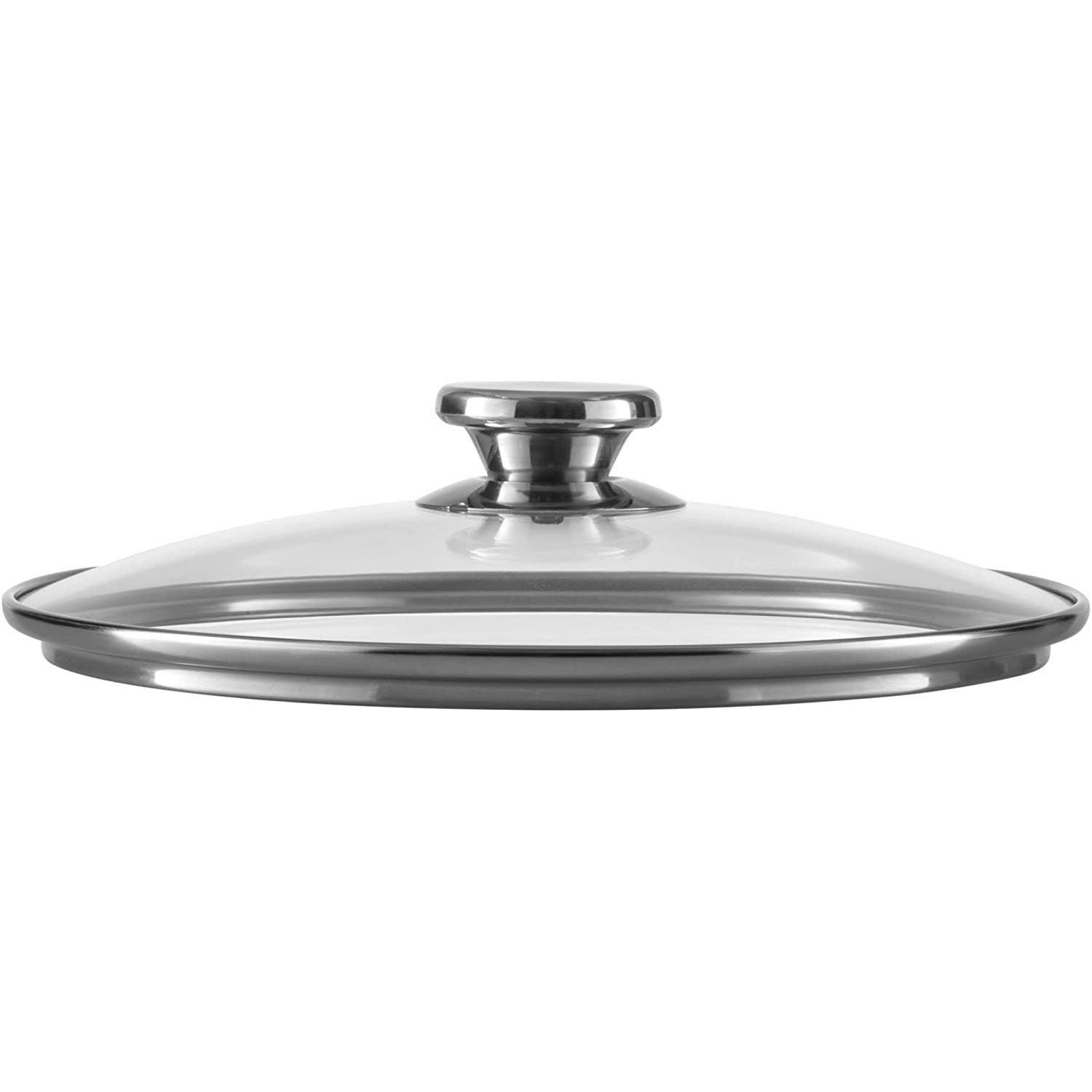 Ein Glasdeckel mit Edelstahlrand und einem Edelstahlgriff.
