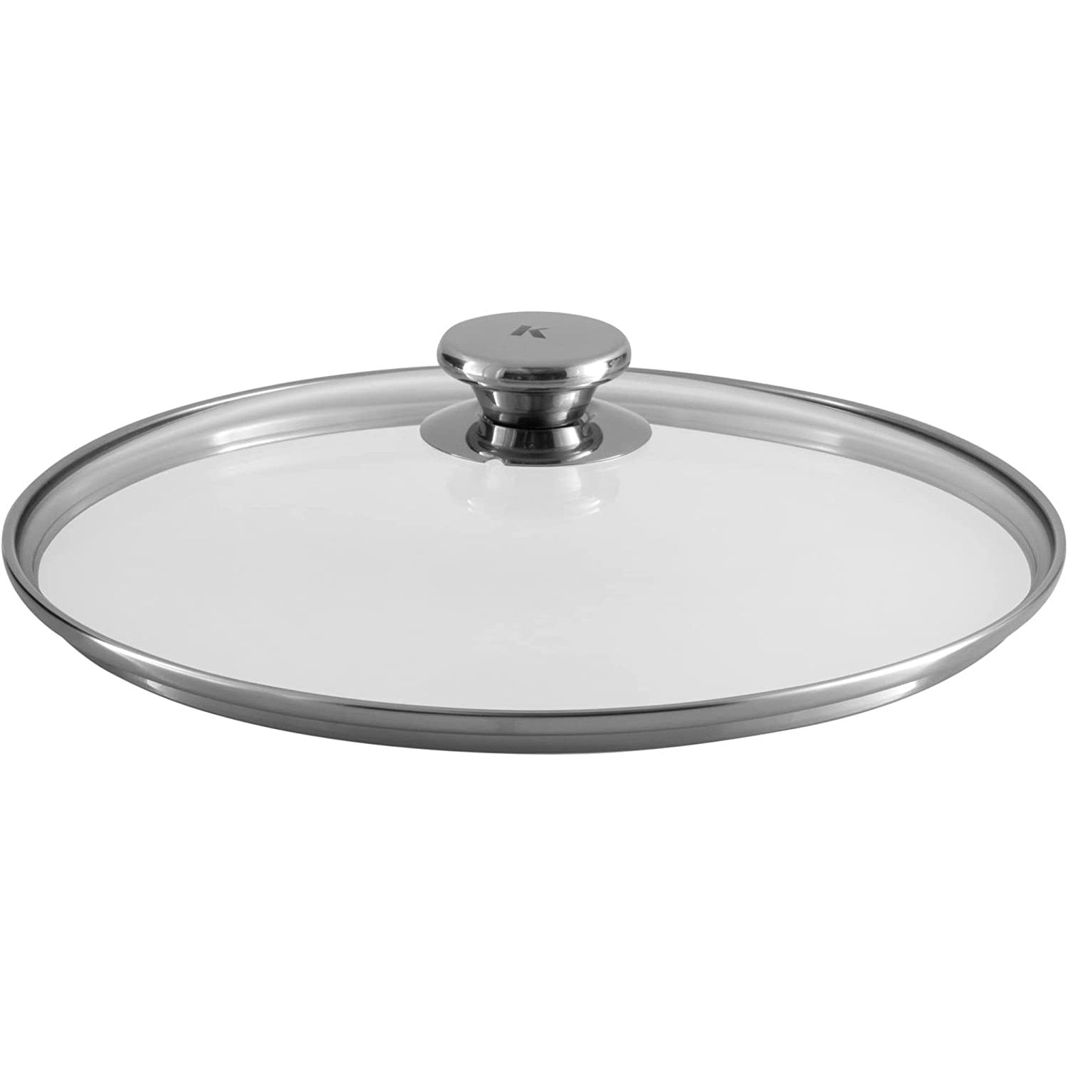 Ein runder Glasdeckel mit Edelstahlrand und einem Metallgriff oben drauf.
