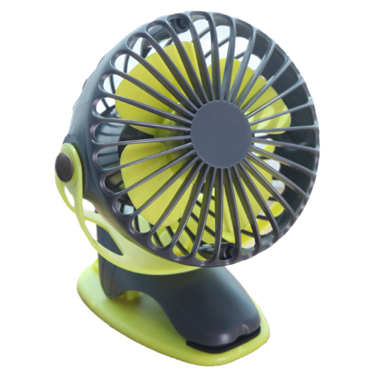 Ein gelb-grauer tragbarer Ventilator. Weißer Hintergrund.