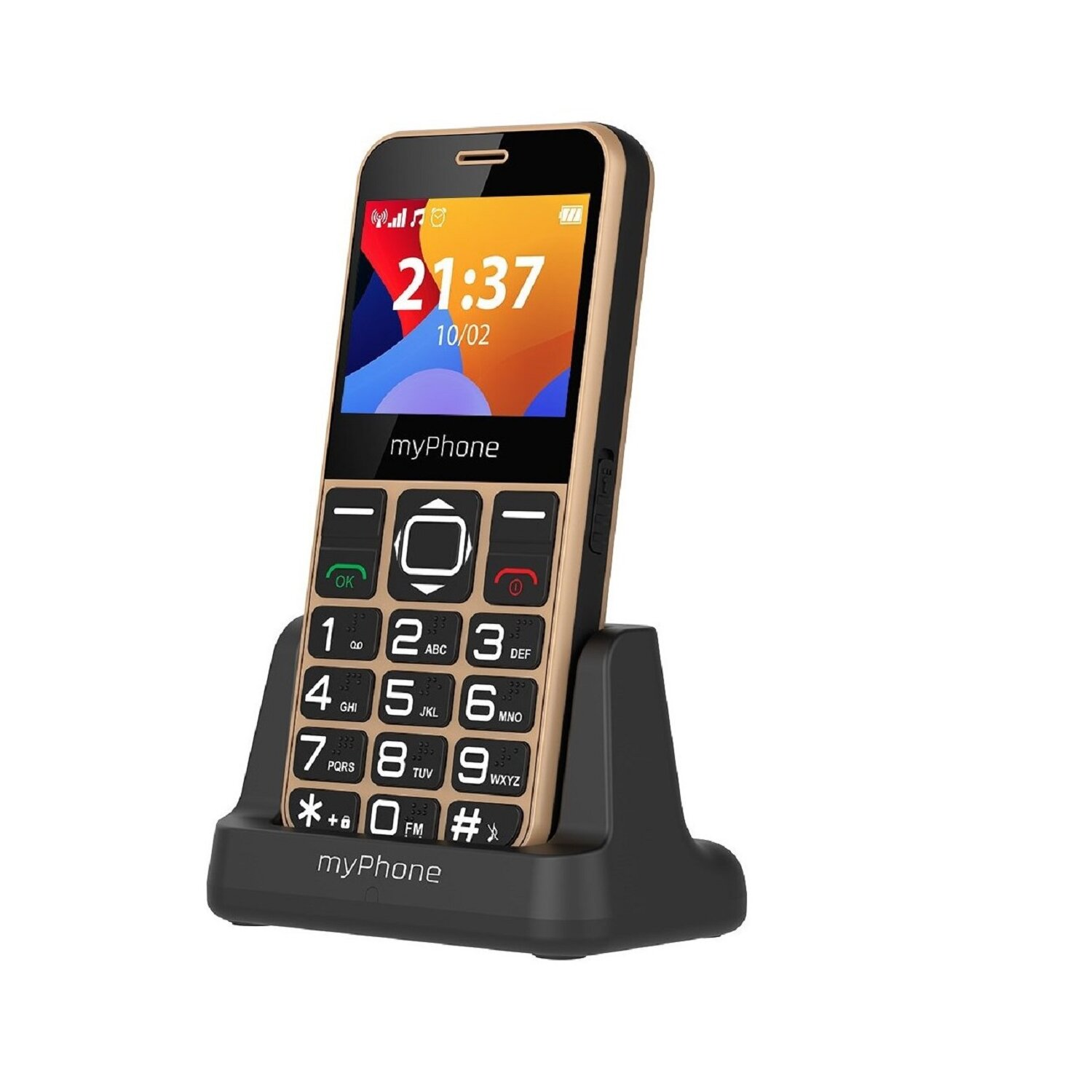 Goldenes myPhone im Ständer, zeigt Uhrzeit und Datum an.