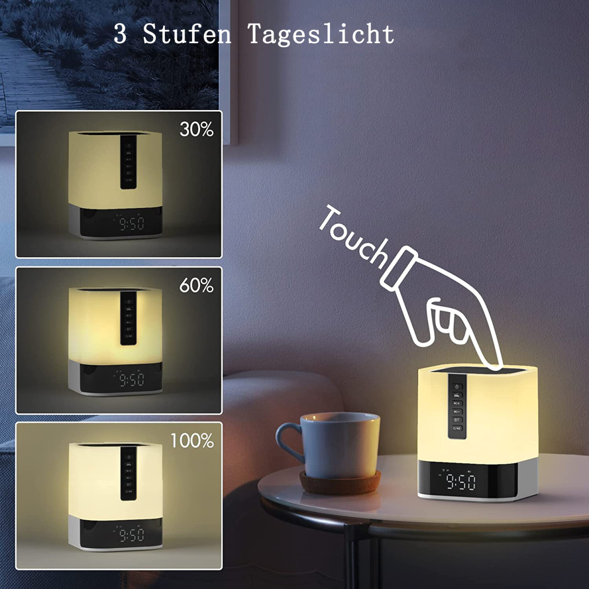 Drei Lichteinstellungen für eine Nachttischlampe mit Touch-Steuerung.