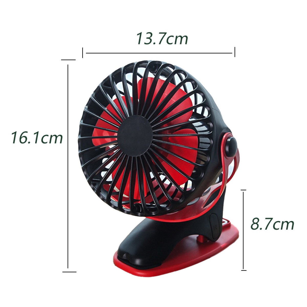 Schwarzer und roter Ventilator. Er hat Maße, schwarze Flügel und einen roten Sockel.