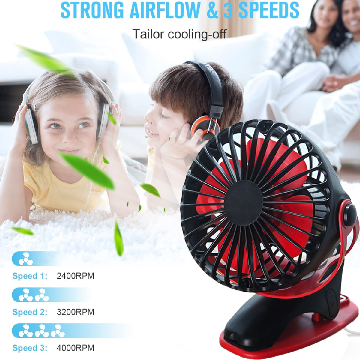Ein Clip-Ventilator in Schwarz und Rot, mit zwei Kindern im Hintergrund. Geschwindigkeitseinstellungen werden angezeigt.