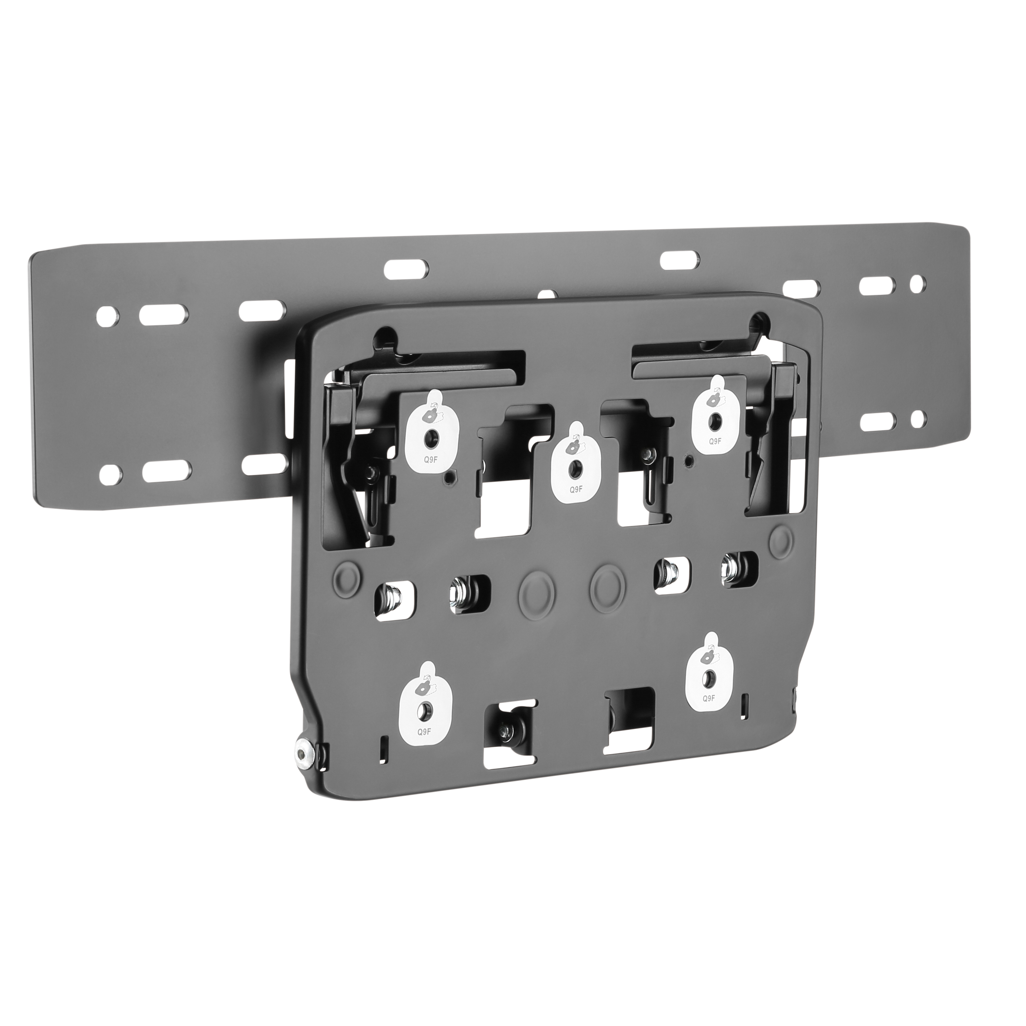Eine schwarze Wandhalterung für einen Fernseher. Sie hat Halterungen und besteht aus Metall. Die Wandhalterung ist grau.