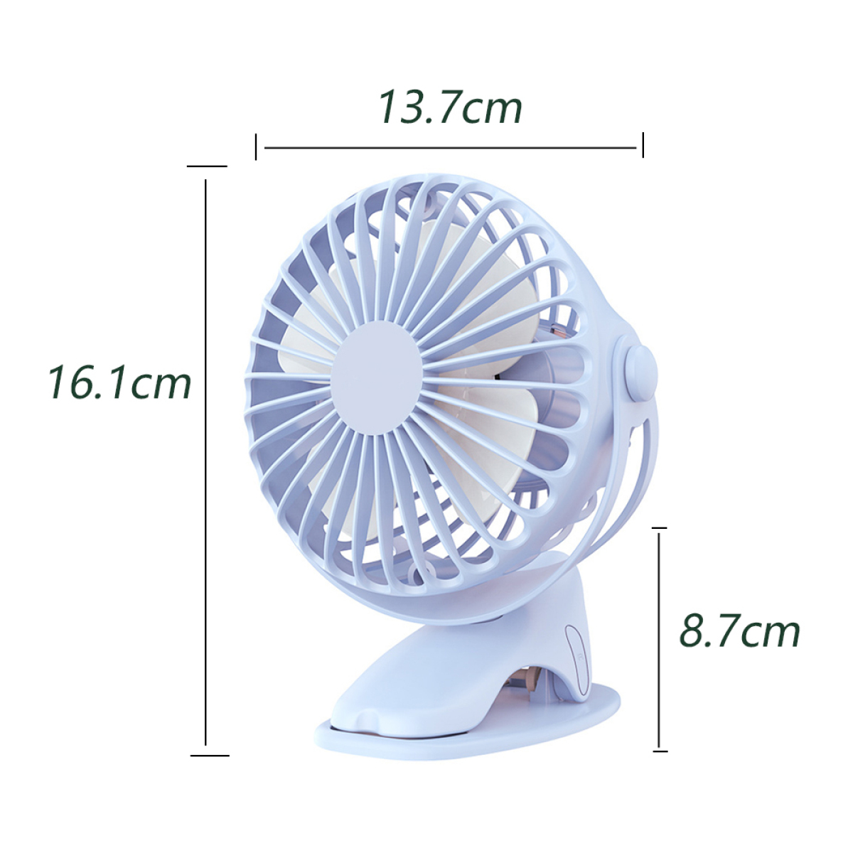 Ein kleiner, blauer Ventilator mit Abmessungen. Er hat einen Clip zur Befestigung und weiße Blätter.