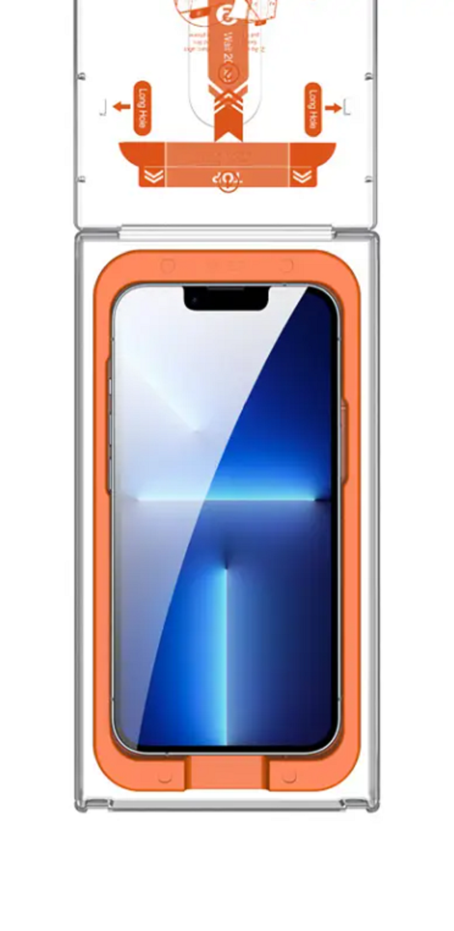 Ein Telefon befindet sich in einem Gehäuse. Das Gehäuse ist geöffnet, und das Telefon befindet sich darin. Das Gehäuse ist orange.