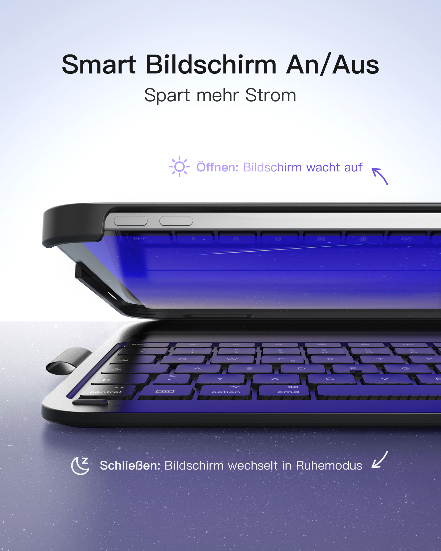 Tablet mit Tastaturhülle. Der Bildschirm ist eingeschaltet und zeigt eine blaue und violette Oberfläche.