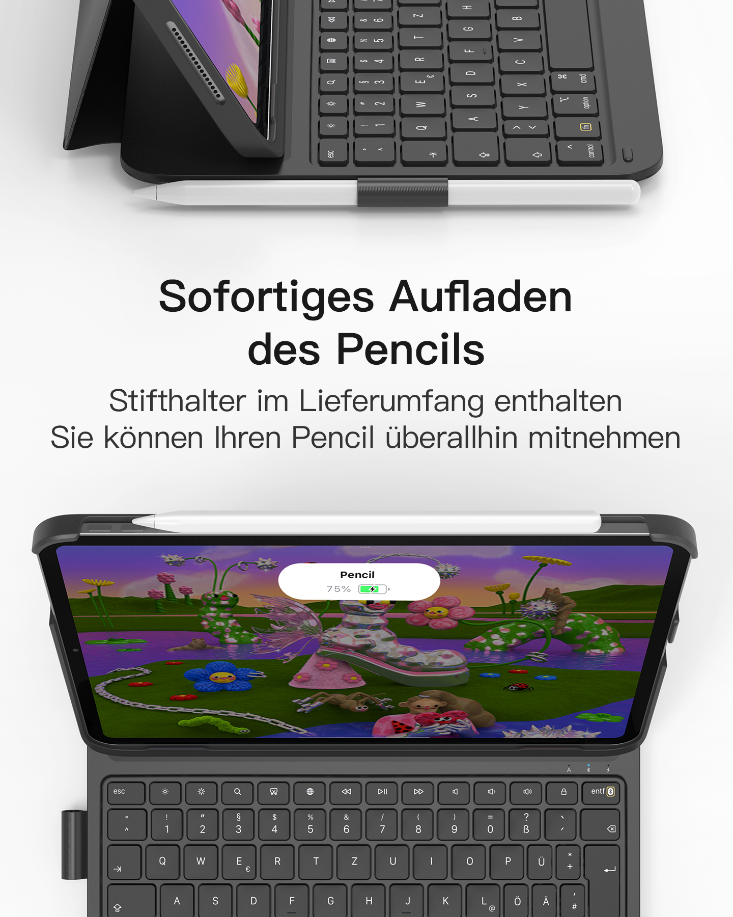 Tablet mit Tastatur und Stift. Der Bildschirm zeigt eine Oberfläche.