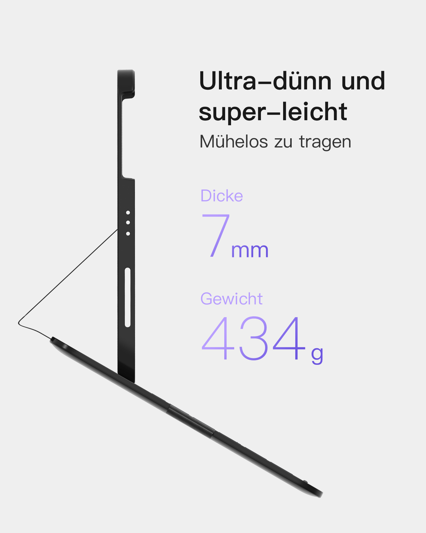 Eingabestift mit Text, der die Abmessungen (7 mm) und das Gewicht (434 g) angibt.