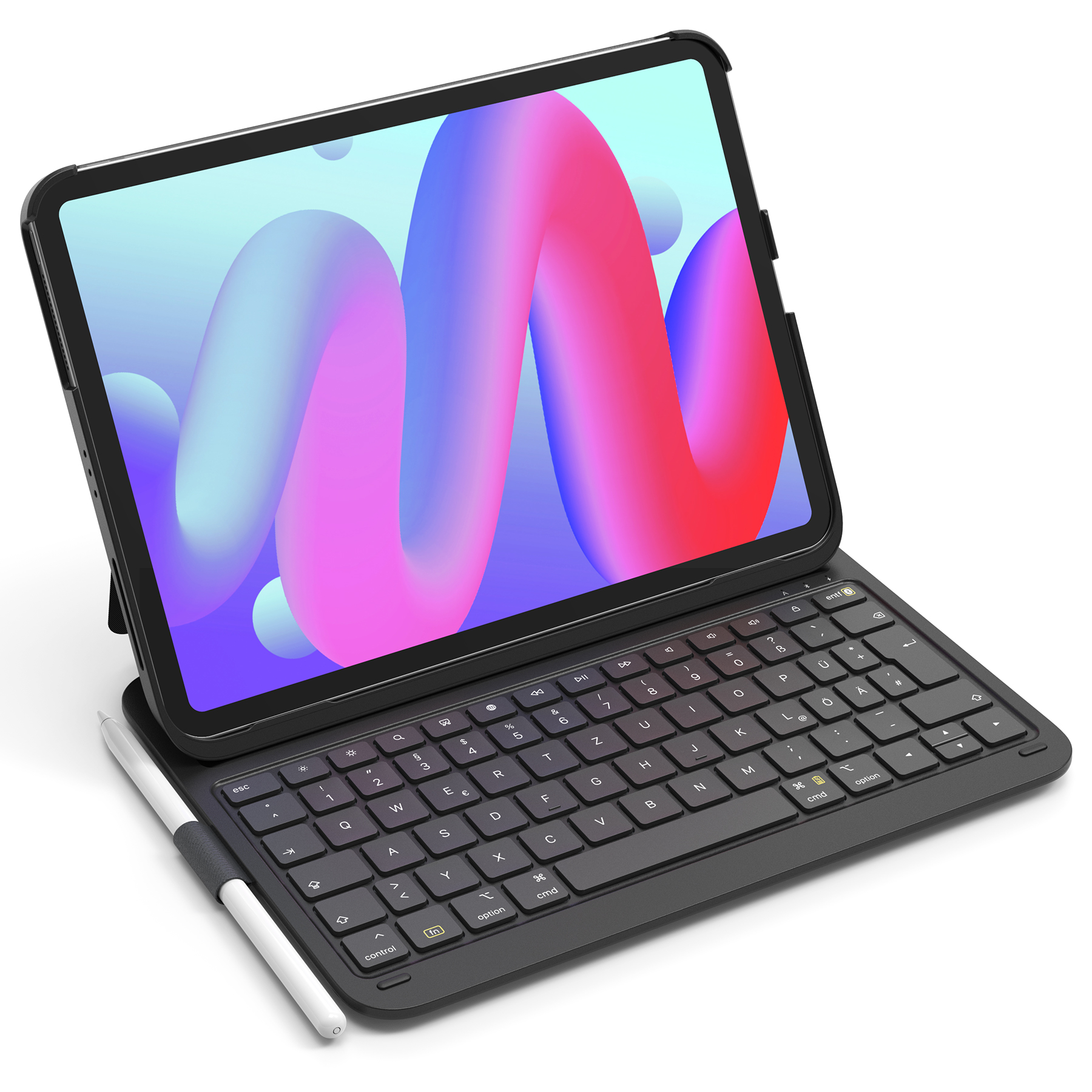 Schwarzes Tablet mit Tastatur und Stift. Der Bildschirm zeigt bunte, abstrakte Formen.