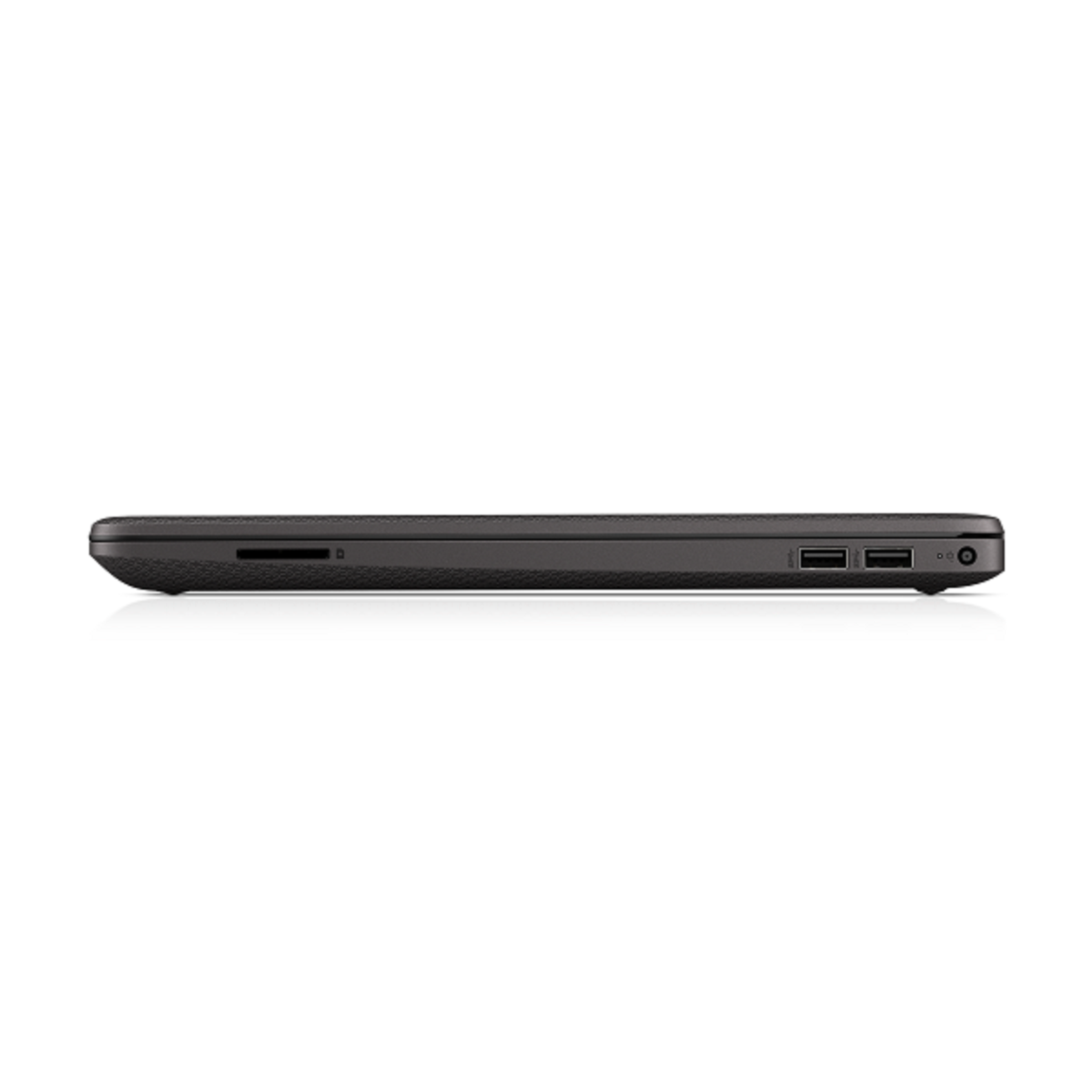 Seitenansicht eines schwarzen Laptops mit Anschlüssen und einem SD-Kartensteckplatz. Die Oberfläche ist strukturiert.