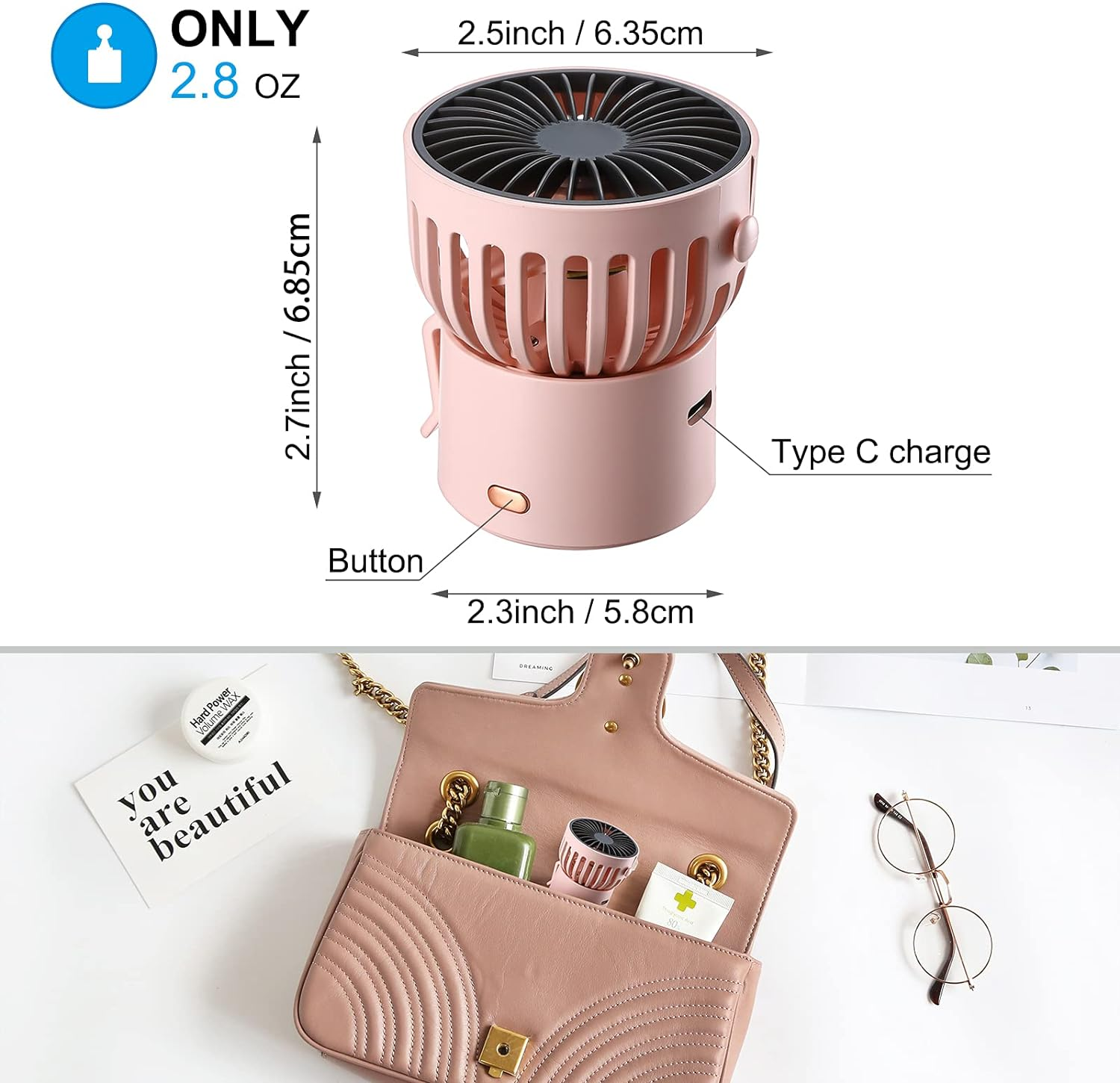 Ein pinkfarbener tragbarer Ventilator mit Abmessungen und eine Handtasche mit Zubehör. Ein Knopf und ein Ladeanschluss.