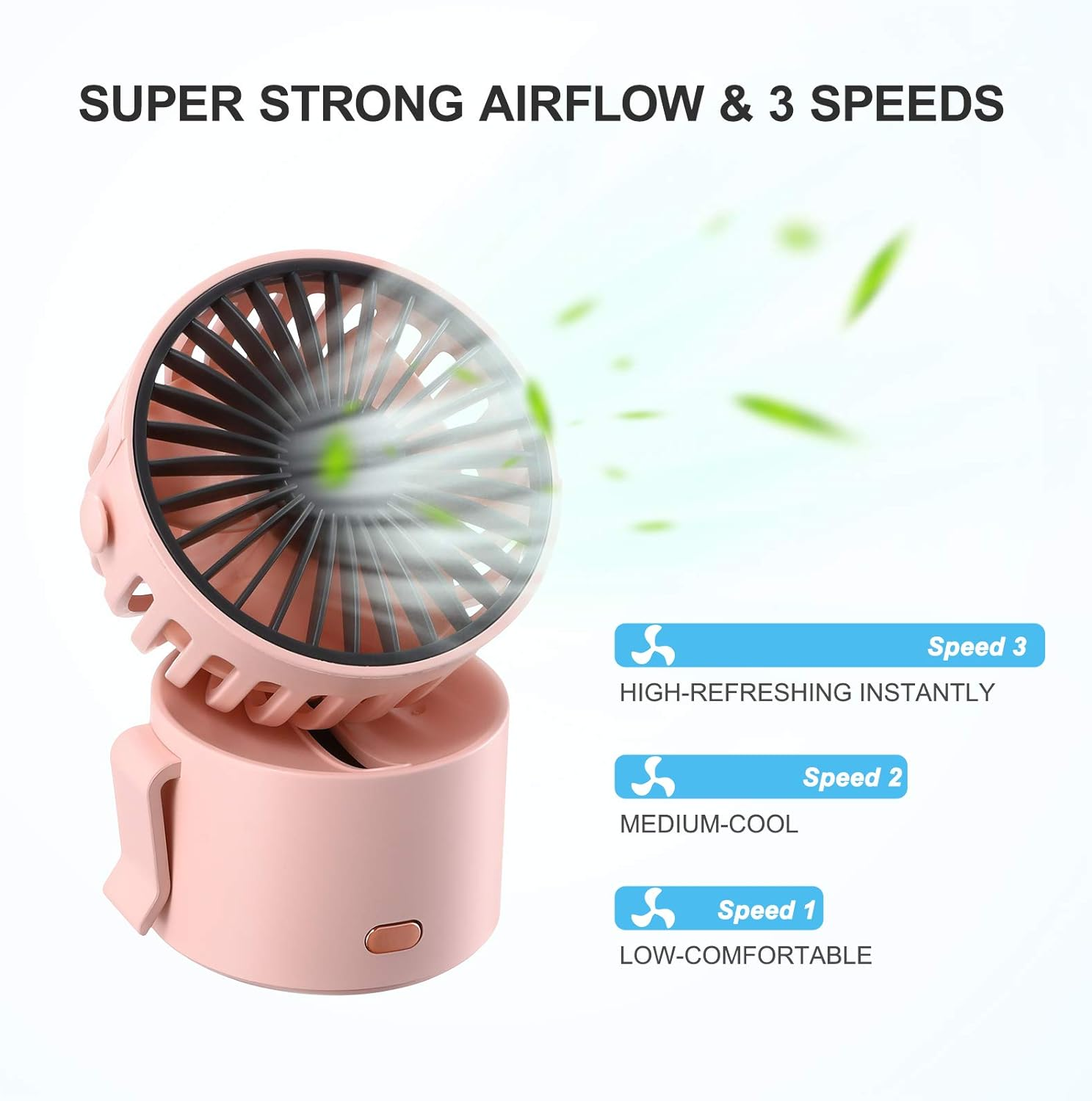 Rosa tragbarer Ventilator mit 3 Geschwindigkeiten, schwarze Flügel. Text: Super starker Luftstrom & 3 Geschwindigkeiten.