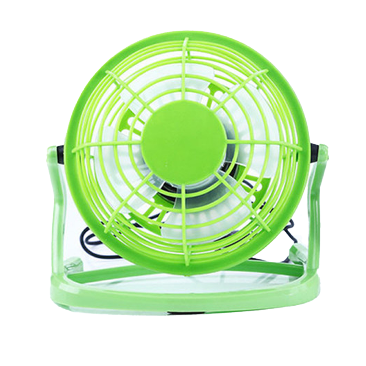 Grüner Tischventilator mit rundem Käfig und Ständer. Klingen sind sichtbar. Weißer Hintergrund.