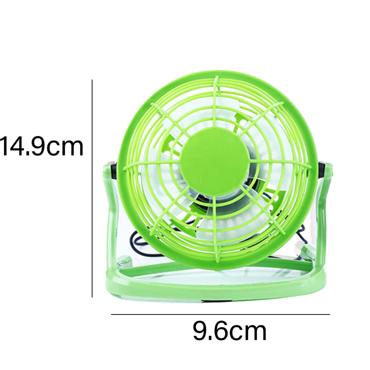 Grün-weißer Mini-Ventilator. Er hat einen grünen Rahmen und einen weißen Ventilator, Maße sind gezeigt.