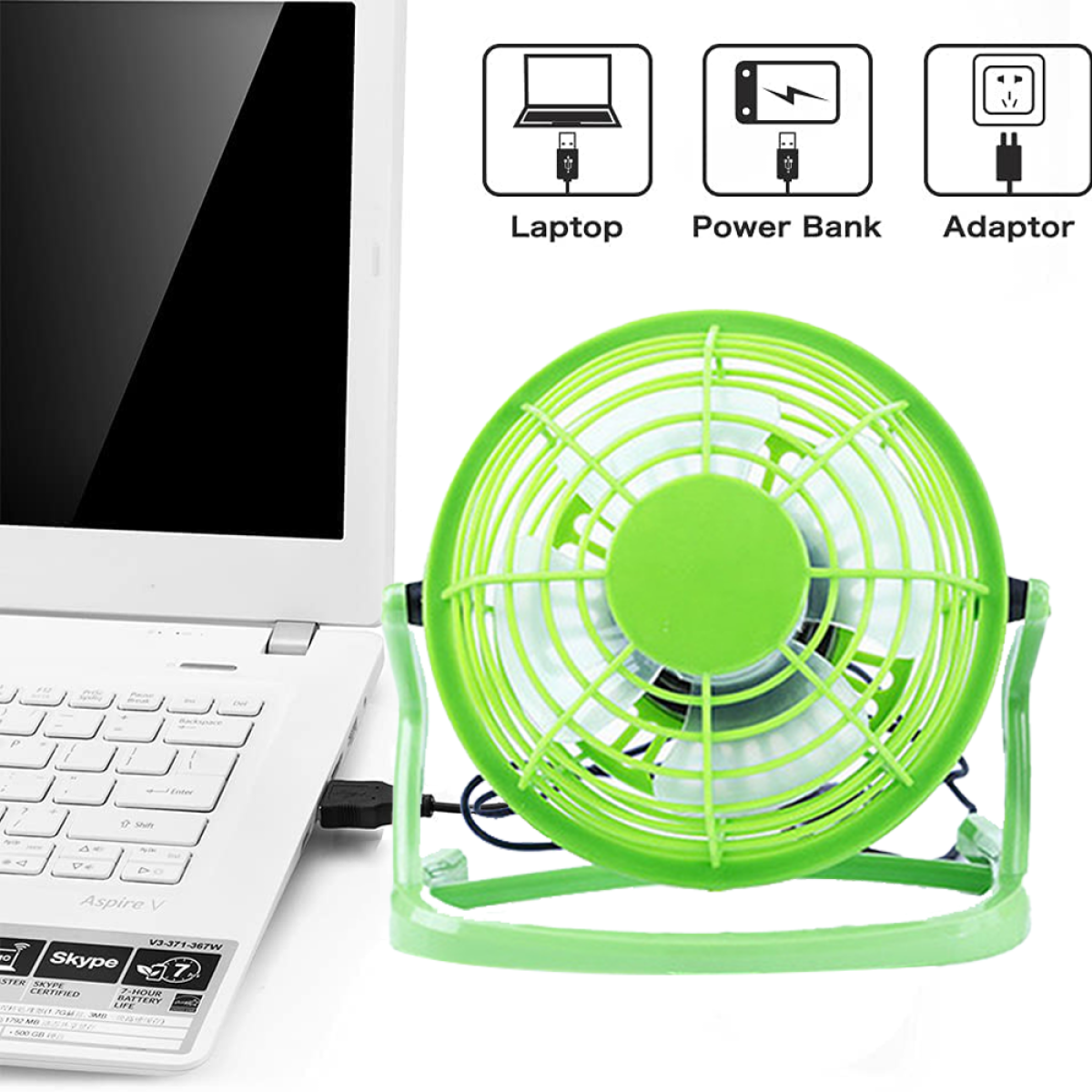 Ein grüner Ventilator, der über USB mit einem Laptop verbunden ist. Darüber befinden sich drei Symbole.