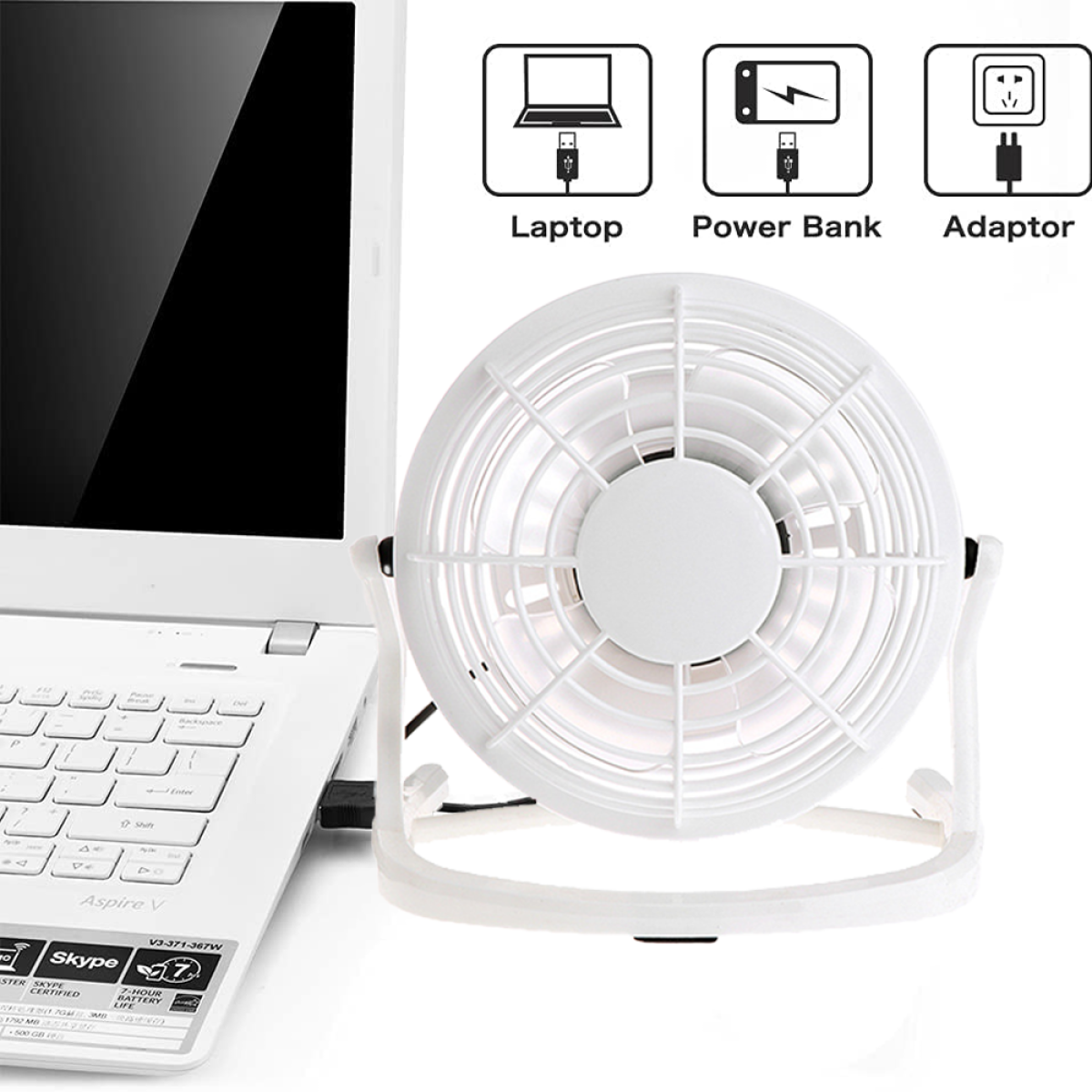 Ein weißer Ventilator ist über ein USB-Kabel mit einem Laptop verbunden. Symbole für Stromquellen werden ebenfalls gezeigt.
