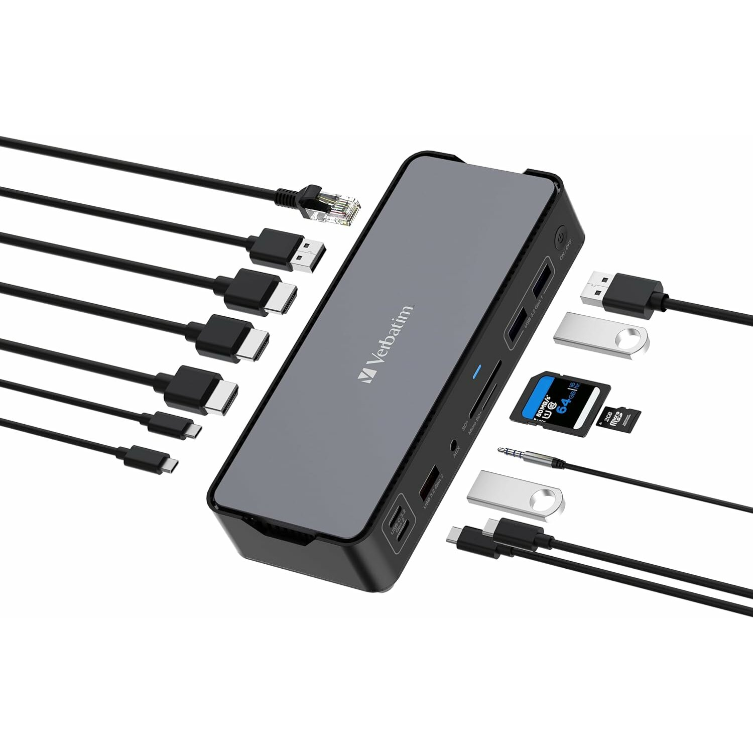 Schwarz-grauer USB-Hub. Er hat USB-, HDMI- und andere Anschlüsse. Kabel sind angeschlossen.