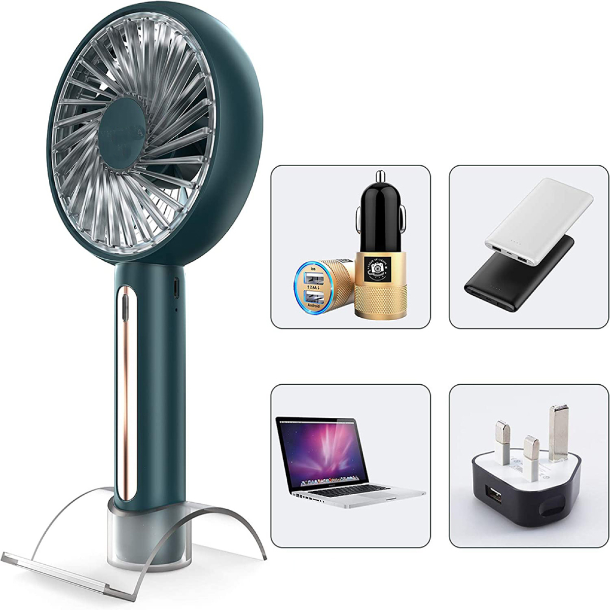 Tragbarer Ventilator mit Telefonladegeräten und Laptop. Der Ventilator hat einen Ständer. Weißer Hintergrund.
