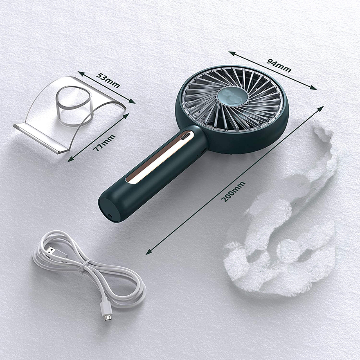 Handventilator mit Abmessungen. Dunkelgrün, weißer Hintergrund, USB-Kabel, Ständer.