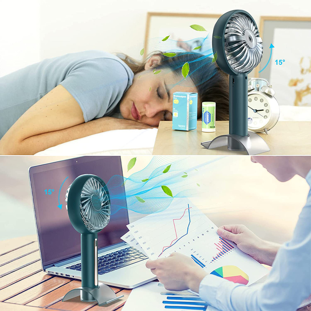 Zwei Szenen zeigen einen kleinen Ventilator. Eine Szene zeigt eine schlafende Frau und die andere eine Person, die an einem Laptop arbeitet.