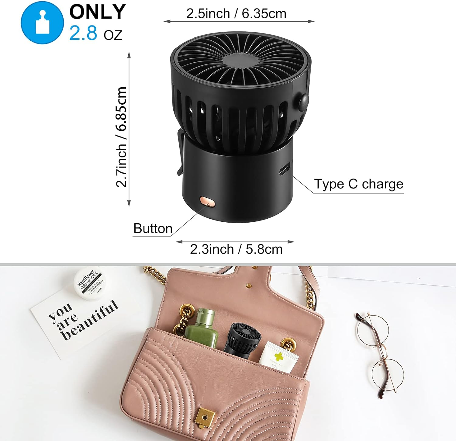 Schwarzer Mini-Ventilator mit Maßen und eine rosa Handtasche mit Gegenständen.