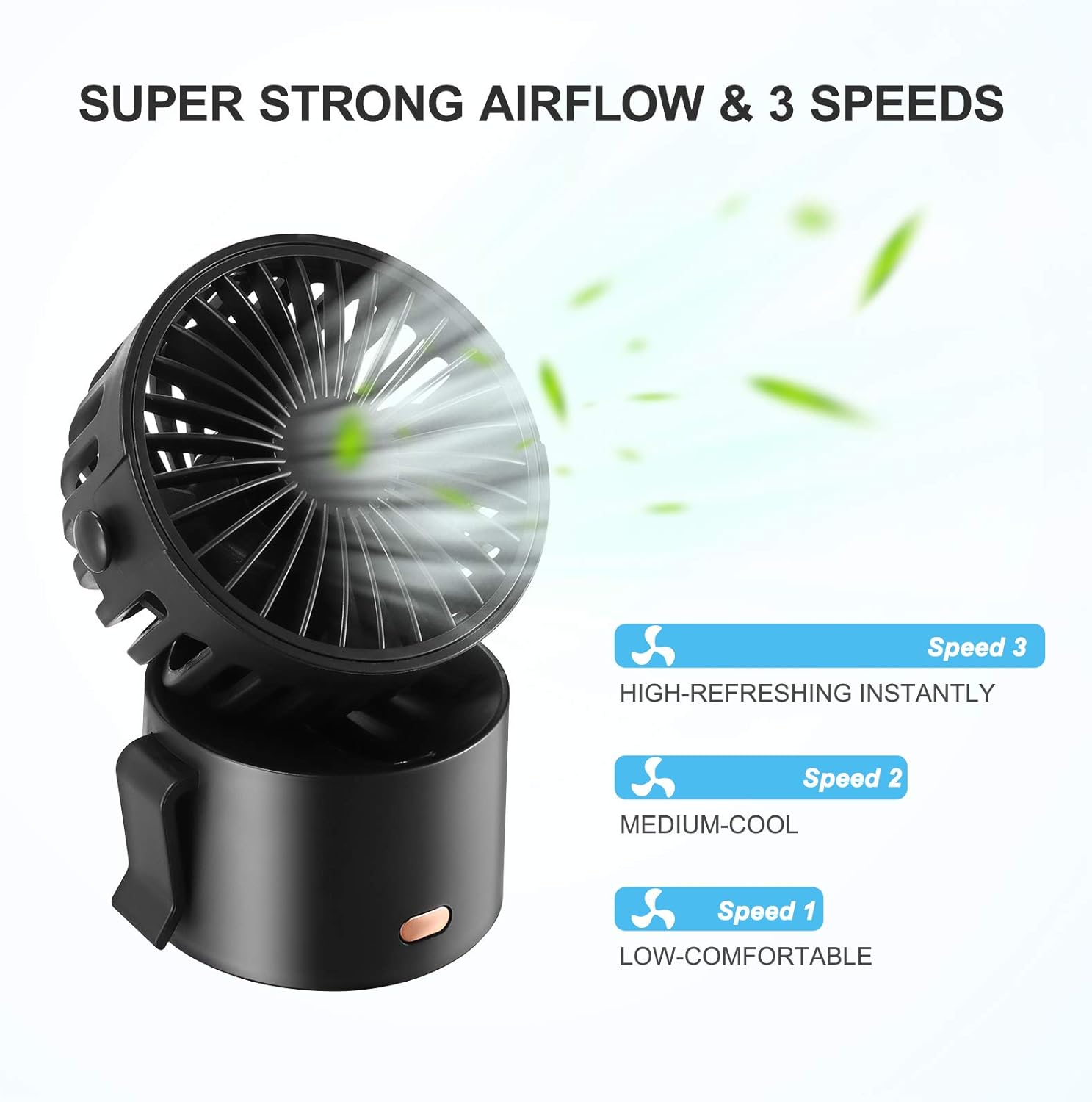 Ein schwarzer Ventilator mit drei Geschwindigkeitsoptionen. Text und Symbole werden auf weißem Hintergrund angezeigt.