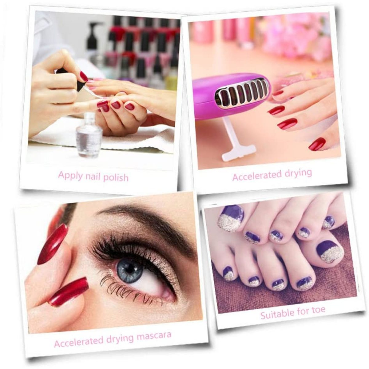 Eine Collage, die das Auftragen von Nagellack, Trocknen, Auge mit Mascara und Zehennagellack zeigt.
