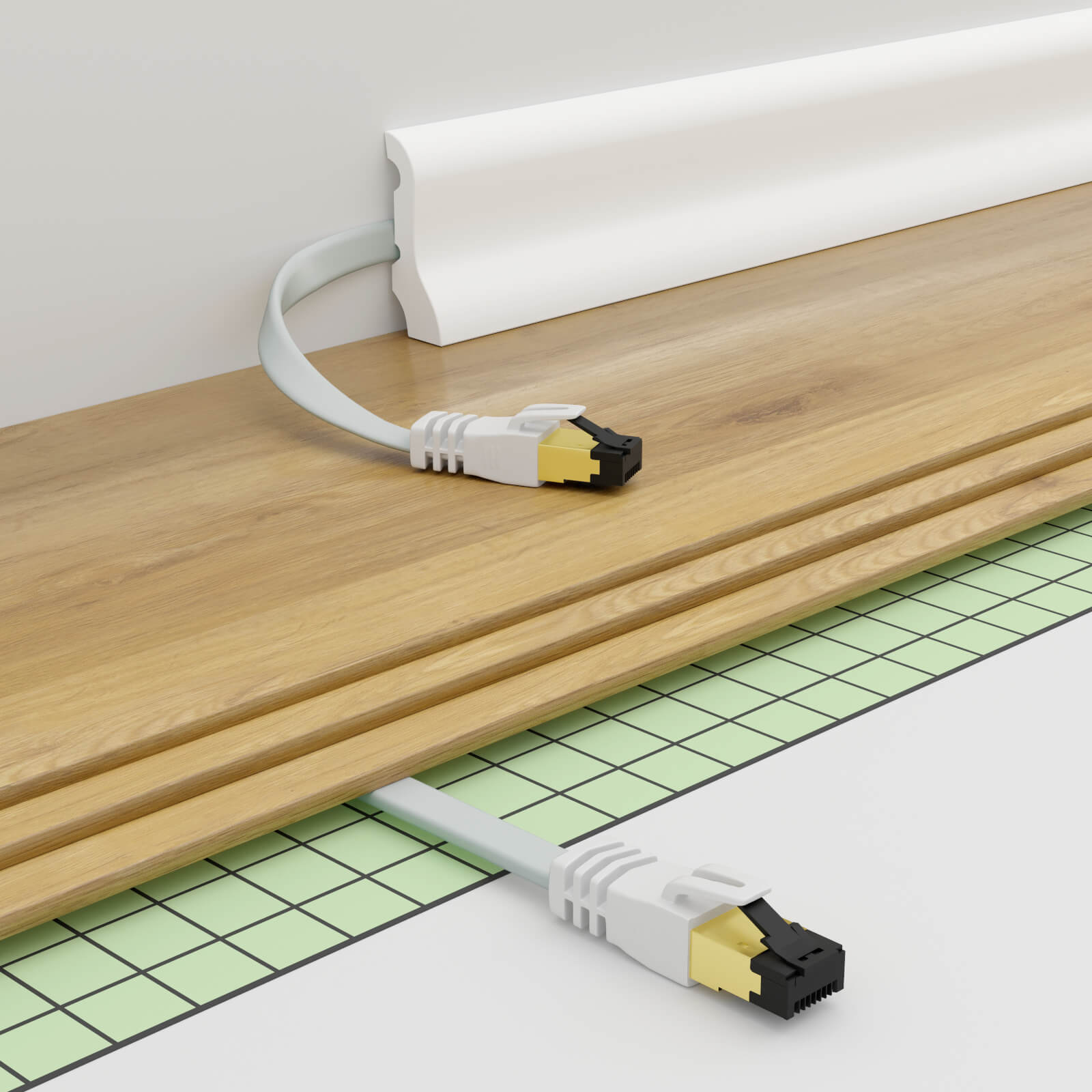 Netzwerkkabelinstallation, Ethernet-Kabel unter dem Boden, an beiden Enden angeschlossen.