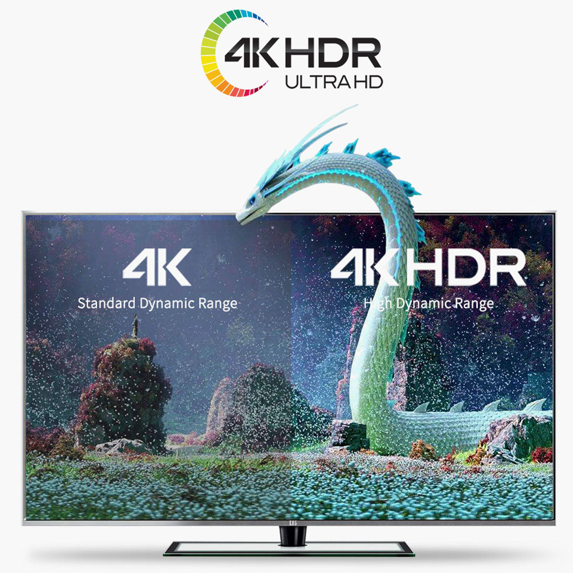TV-Bildschirm mit Seeungeheuer und Text '4K HDR ULTRA HD'. Text zeigt '4K' und '4K HDR'.