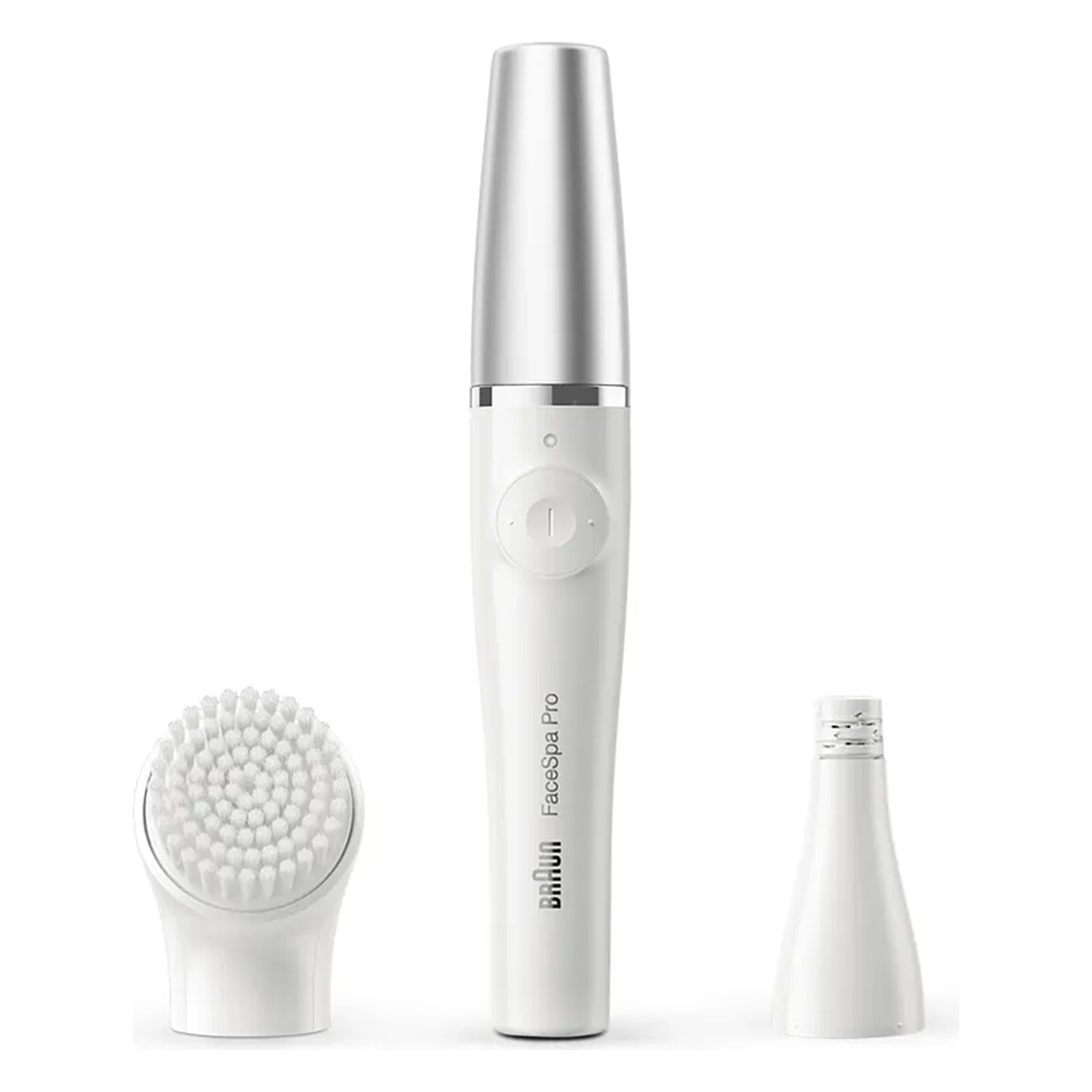 Witte Braun FaceSpa Pro-apparaat met opzetborstel en andere opzetstukken.