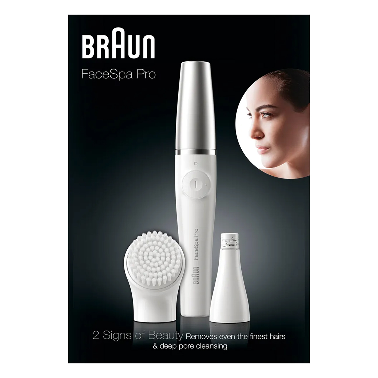 Braun FaceSpa Pro-apparaatset. Bevat een gezichtsborstel, epilator en het gezicht van een vrouw in een cirkel.