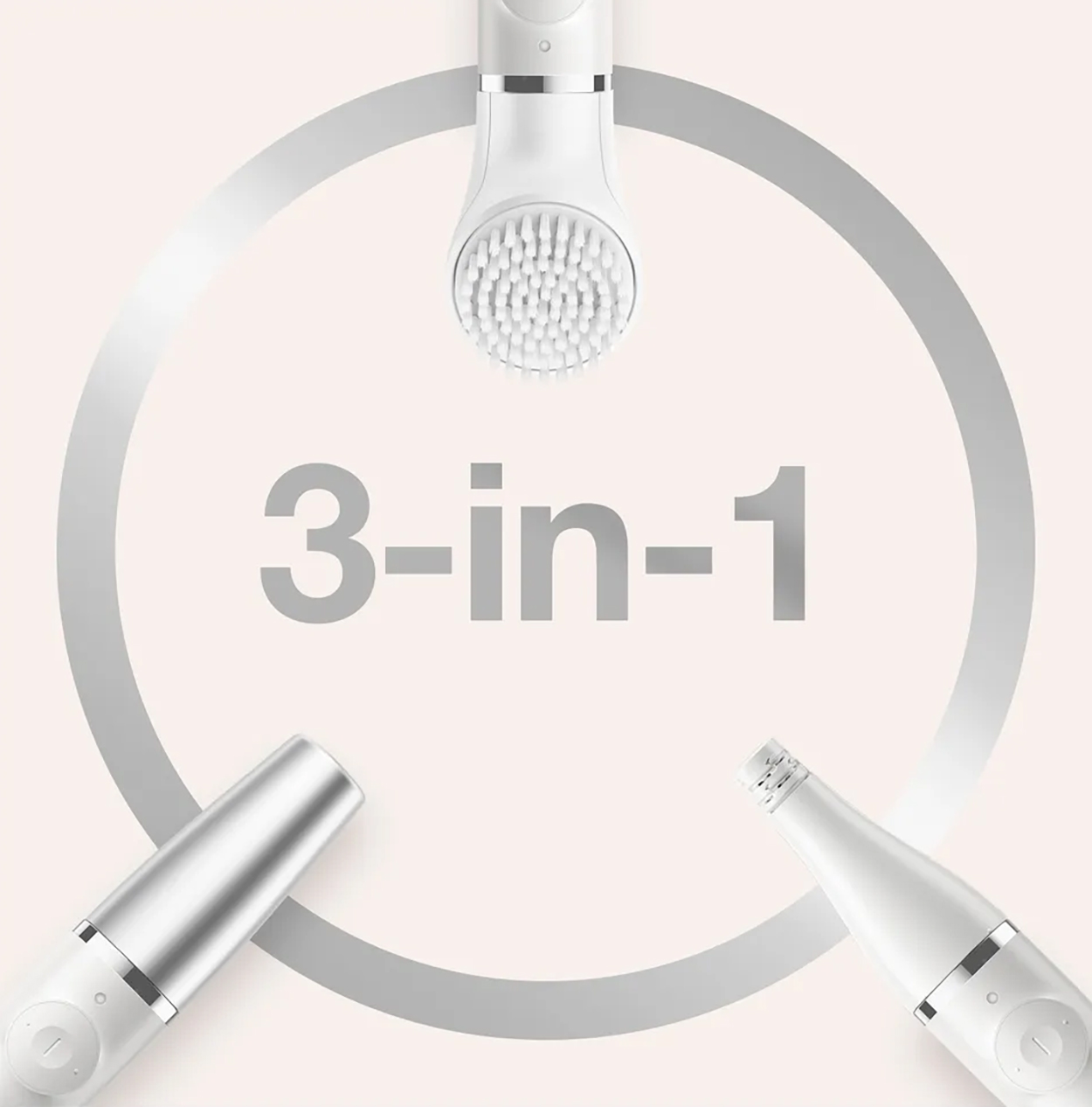 Een afbeelding met de tekst '3-in-1' omringd door witte en zilveren cosmetische tools.