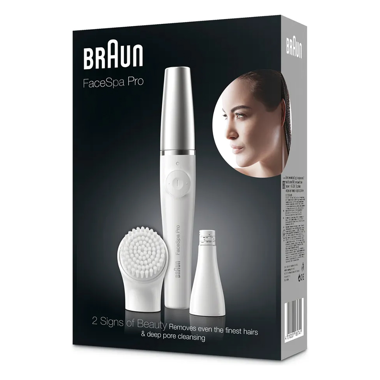 Een witte Braun FaceSpa Pro-boxset met een vrouwengezicht op de zijkant en schoonheidstools erin.
