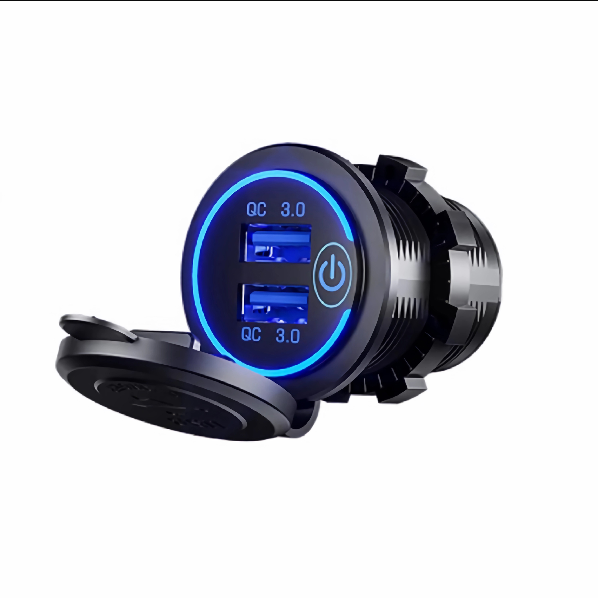 Schwarzes USB-Autoladegerät mit zwei USB-Anschlüssen, blau beleuchtet und mit Klappdeckel.