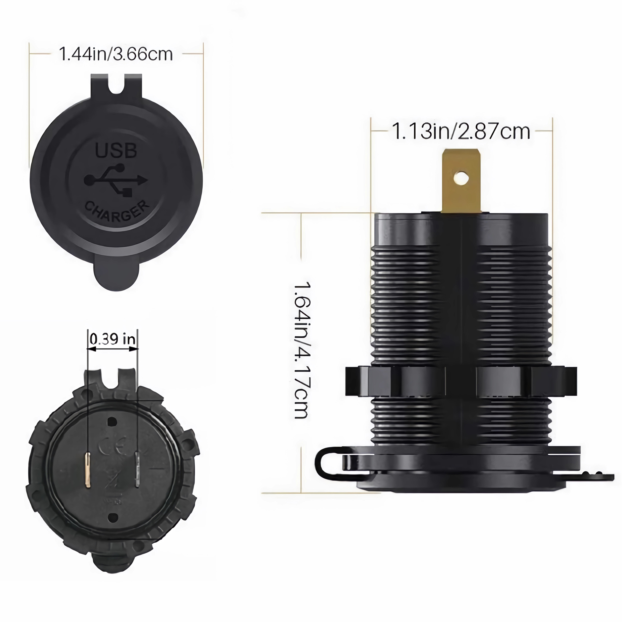 Schwarzes USB-Ladegerät und Zubehör. Eine schwarze Ladeanschlussabdeckung und interne Komponenten.